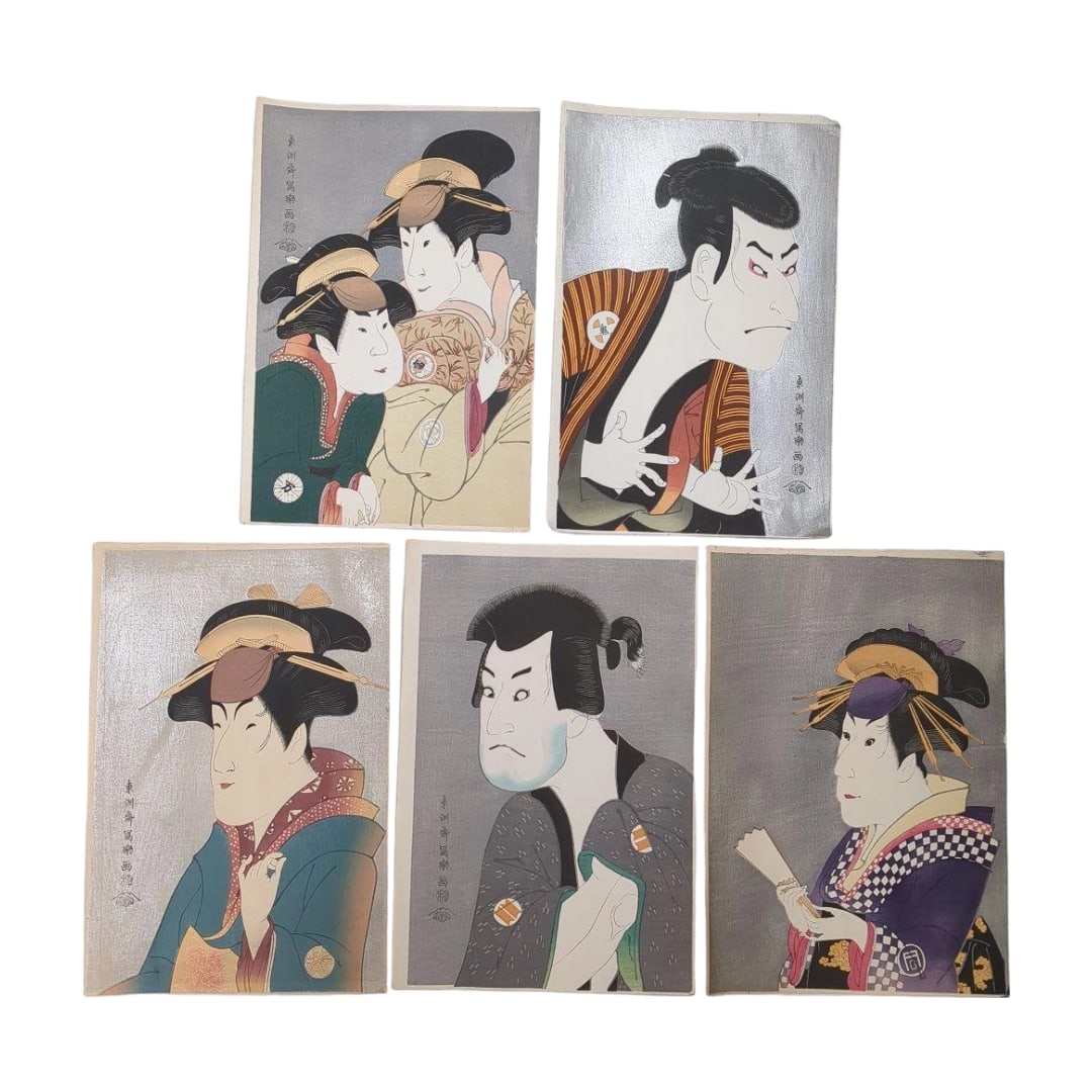 Ukiyo-e Woodblock Prints, oban, Sharaku, Set of 5 Pieces: A set of five large-format ukiyo-e prints by Sharaku (Toshusai Sharaku). These are five works by Sharaku (Toshusai Sharaku). 1. "The Wife of ogishiro Kuranosuke, Yadorigi, and the Maid Wakakusa of Nak