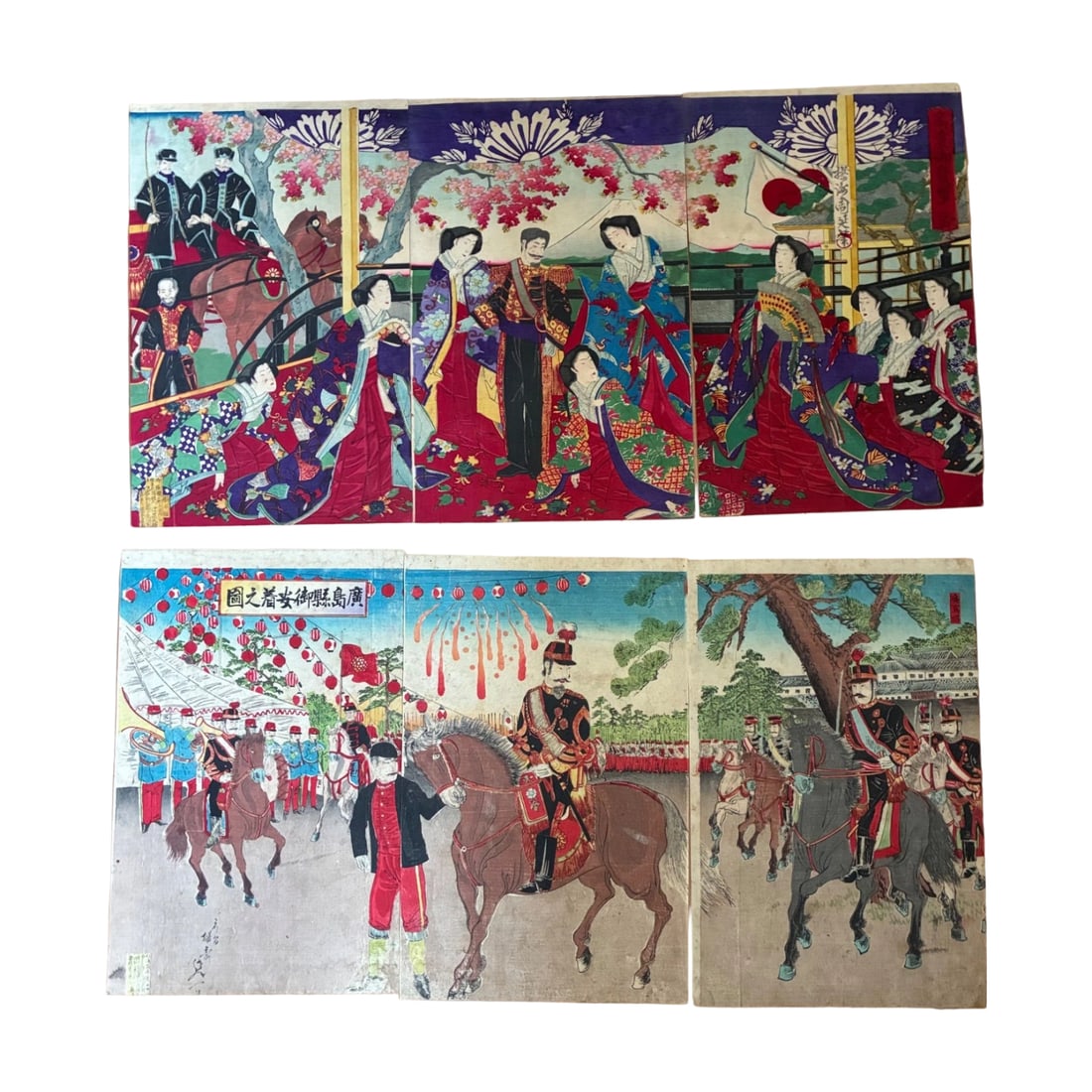 Yoshu Chikanobu (Yosai Nobuichi) Nishiki-e Triptych, Two Sets, oban, Meiji Period, Backed: Yoshu Chikanobu, Yosai Nobukazu, Nishiki-e, Triptych, 2 Sets, oban, Meiji Period, Backed The works were created by the Meiji period ukiyo-e artist Yoshu Chikanobu, depicting the splendid customs of th