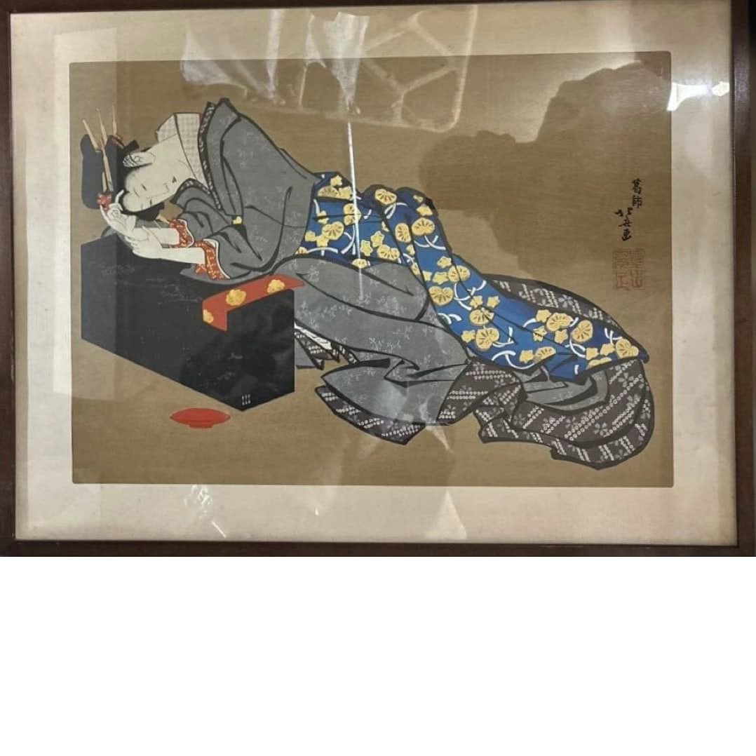 Ukiyo-e Female Portrait Painting: Ukiyo-e Female Portrait A beautiful ukiyo-e female portrait in blue and black colors. Signed and sealed by "Katsushika Hokusai" Technique: Ukiyo-e. Theme: Female Portrait. Colors: Blue, Black, Red. Pr
