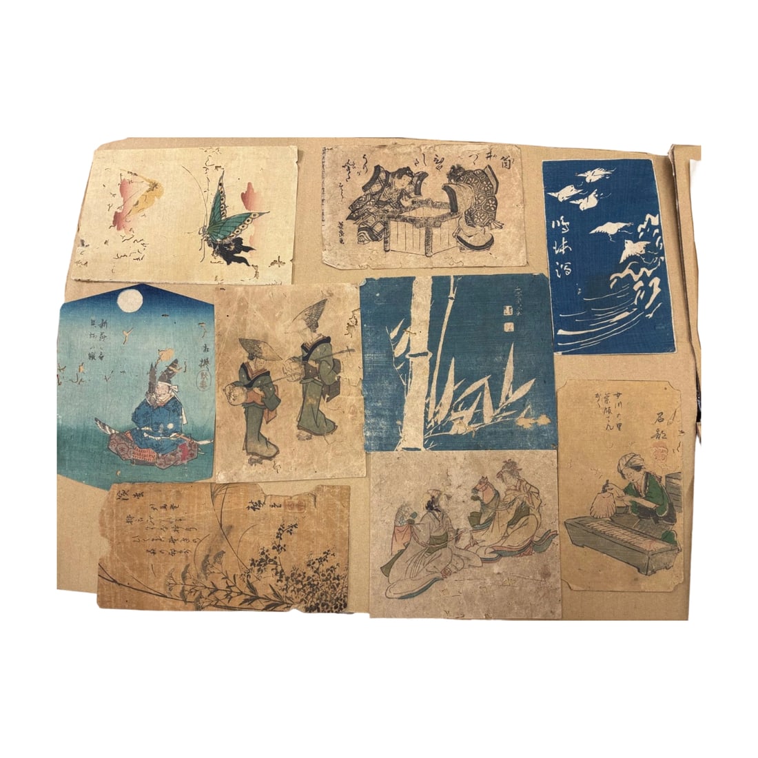 Edo Period Ukiyo-e Sketch Paper Collage Fragments, Complete Set of 50 Pieces: Edo Period Ukiyo-e Sketch Paper Collage Fragments, Complete Set of 50 Pieces A magnificent depiction of Edo customs and nature created by the renowned artist Utagawa Hiroshige, forming a splendid pict