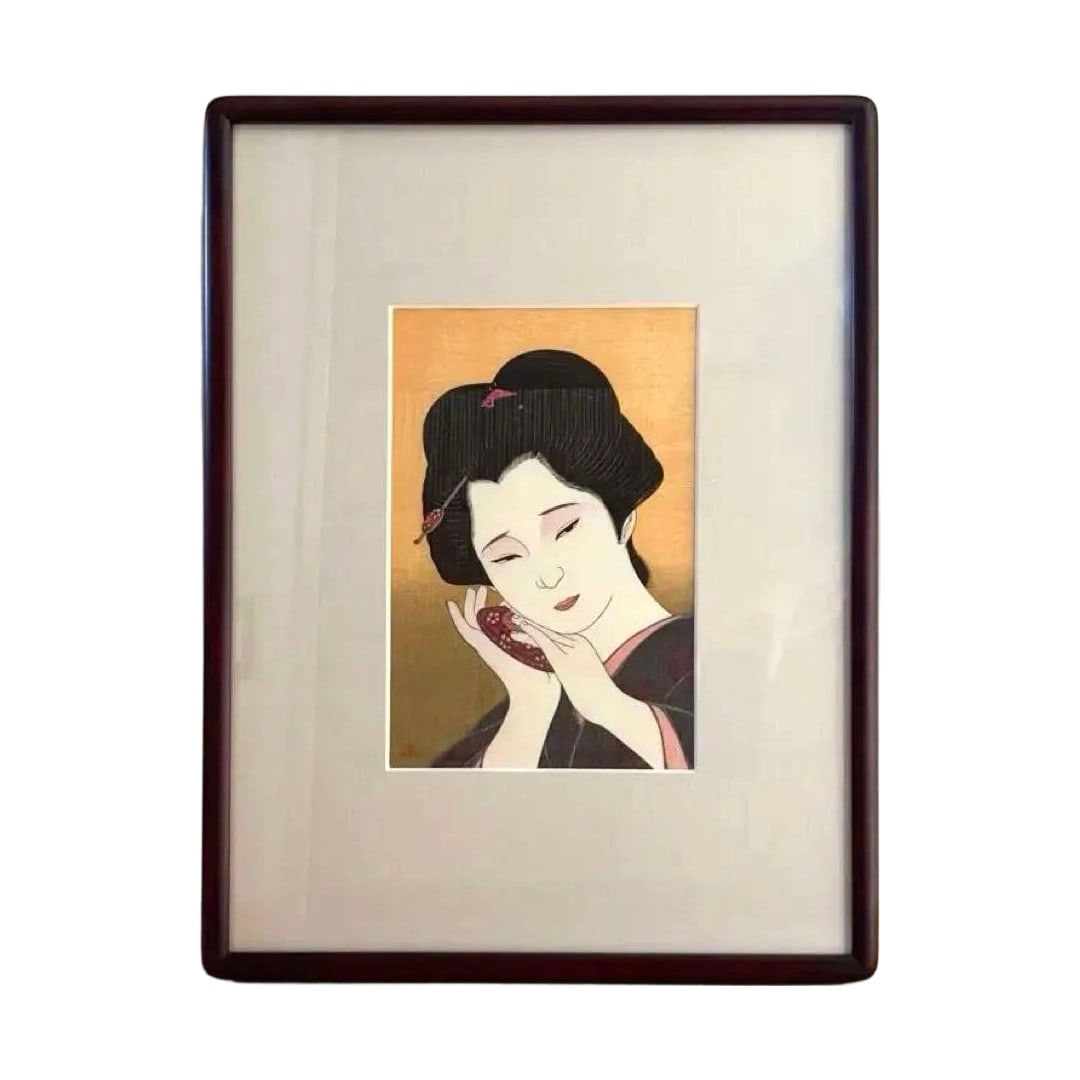 With certificate and box. Taki Shusui (Taki Shusui) woodblock print, ukiyo-e, bijin-ga (beauty: Title: Thought Artist: Taki Shusui Technique: Multicolor Woodblock Print Date of Creation: October 1985 Material: Mino Handmade Washi Paper Limited Edition of 150 The reverse of the frame includes a c