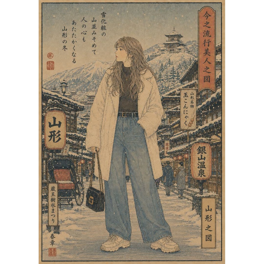 Yamagata Ginzan Onsen Art Poster: Yamagata Ginzan Onsen Art Poster This is a digital art poster depicted in the style of Ukiyo-e, showcasing the snowy street scene of Ginzan Onsen and women dressed in modern fashion. The themes includ