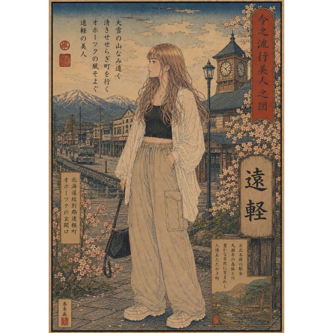 Enryu Ukiyo-e Style Poster: "Images of Contemporary Fashionable Beauties": Ukiyo-e Style Poster This is a digital art poster themed around Yubetsu Town, Clock Tower, Cherry Blossoms, Women, and Hokkaido. The style is in the manner of Ukiyo-e, with a color palette of brown, b