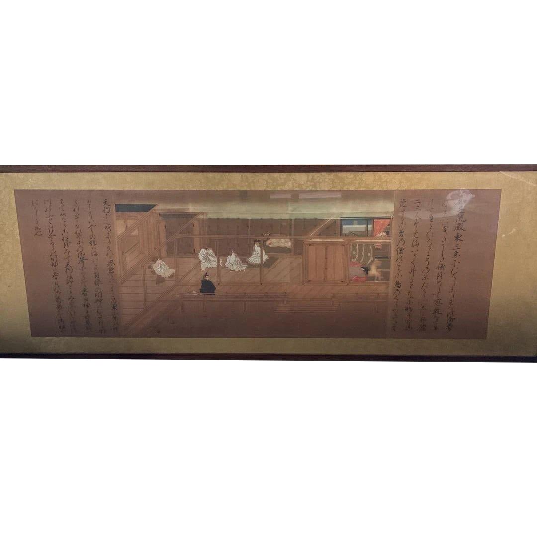 Framed Between Columns: Ukiyo-e Antique: A wooden antique ukiyo-e picture frame, with an acrylic-mounted piece on the front. The dimensions of the frame are approximately 154.4 cm in width, 52.5 cm in height, and 2 cm in thickness. The item 