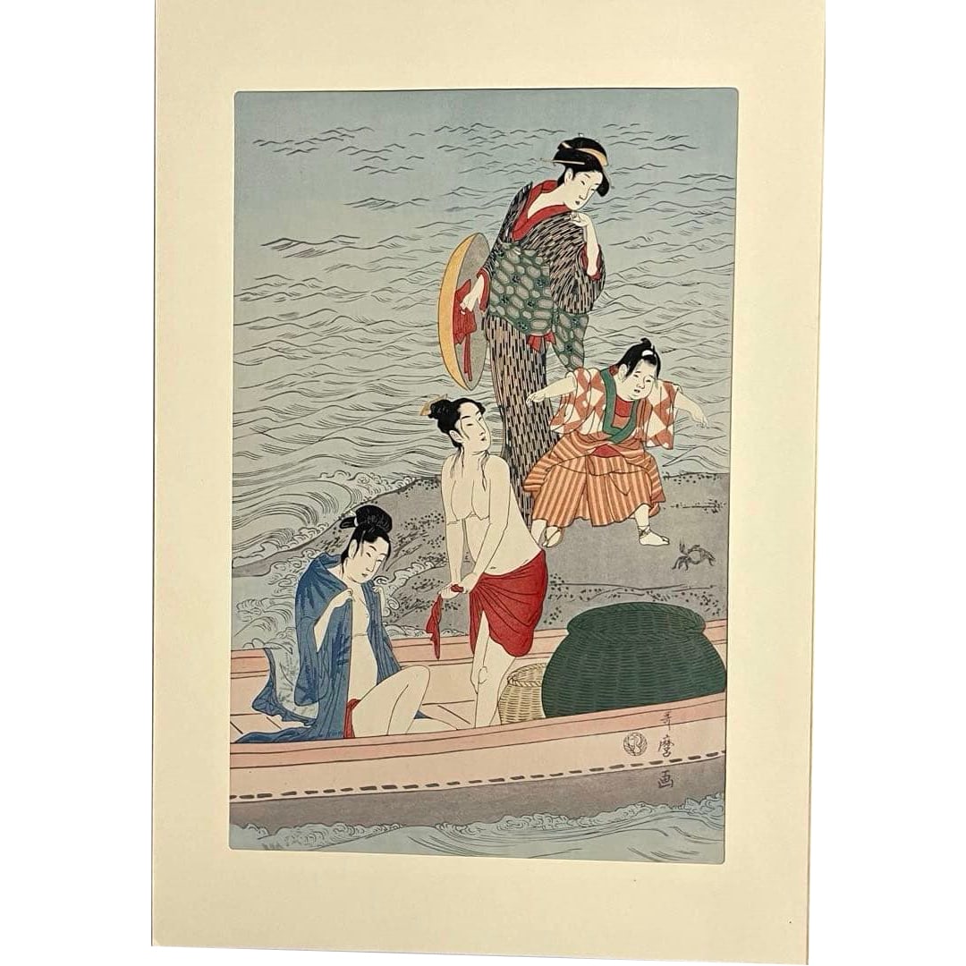 Kitagawa Utamaro (Kitagawa Utamaro) Woodblock Print "Saibozu" (Gathering Abalone): Kitagawa Utamaro, woodblock print, "Saibo-zu" (Gathering of Shellfish). Dimensions: Woodblock print; approximately 40cm x 26cm, mounting paper; approximately 48cm x 33cm. The edges of the mounting