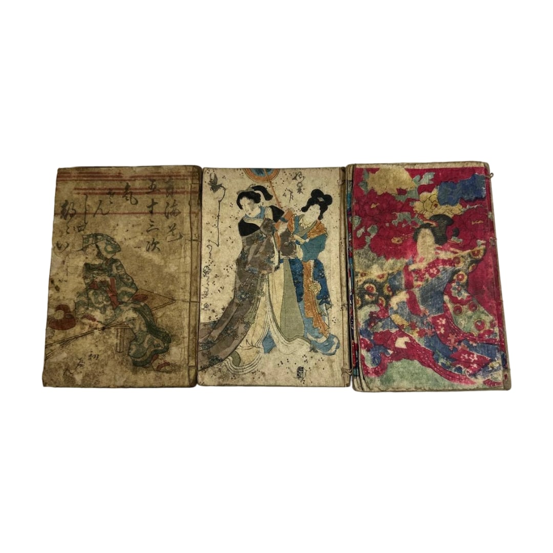 Edo Period Woodblock Prints Ukiyo-e, Set of 3 Volumes: Edo Period Woodblock Prints, Ukiyo-e, Set of 3 Volumes, Approximately 18 x 11.5 cm Please understand the damage to all pages due to their age.