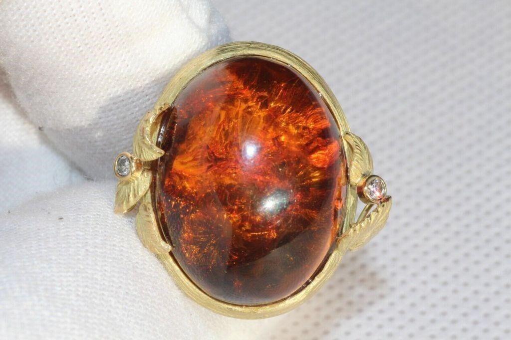 AMBER RING DIAMOND 18K GOLD A11.8ct D.066ct (1 of 9)