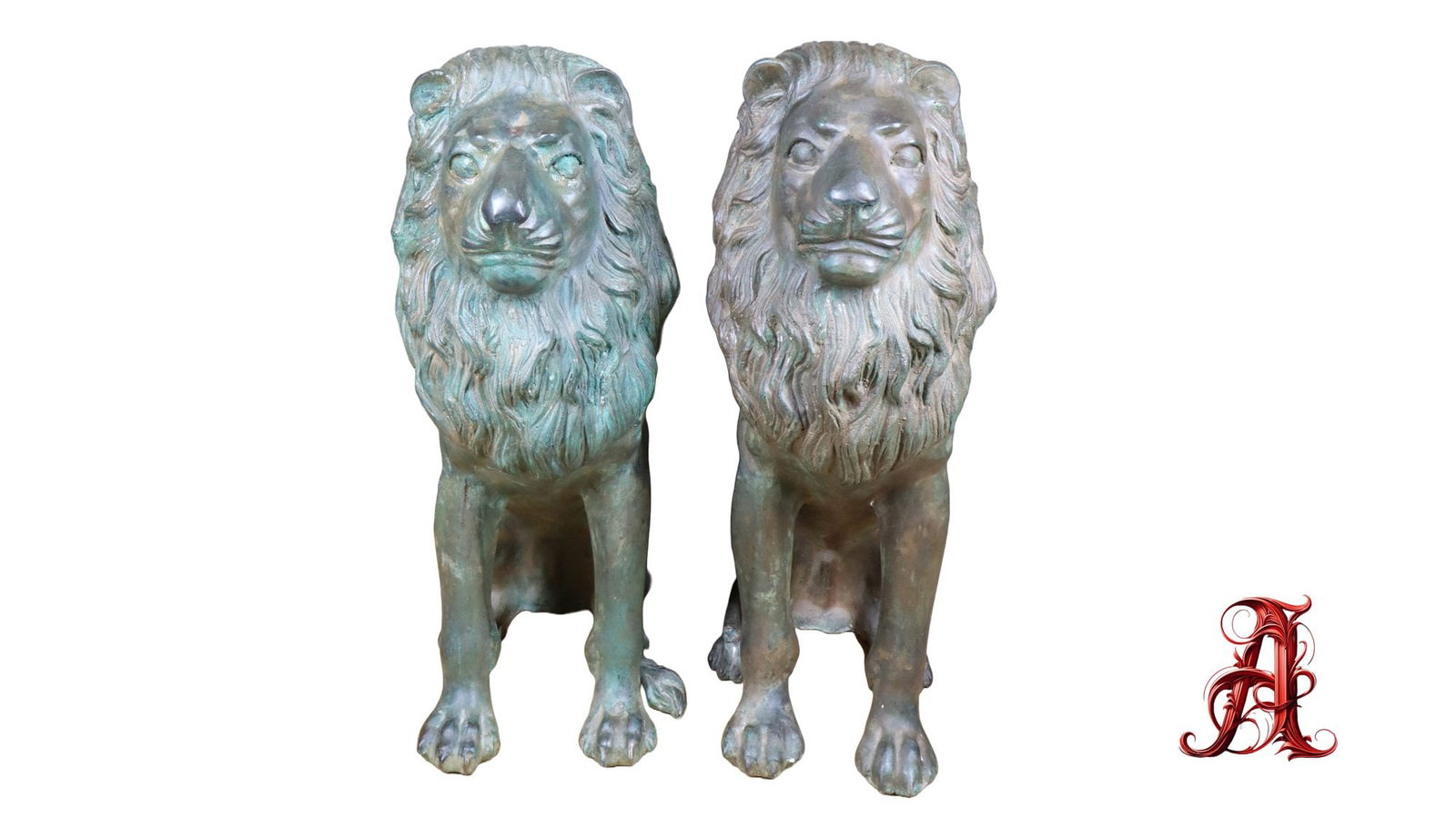 Antique Pair Of Seated Bronze Lion Sculpture Statues (1 of 6)