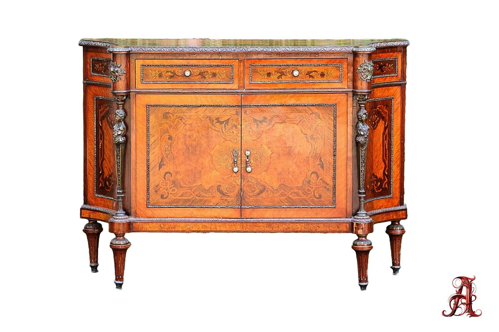 Antique Late 19th Century French Louis XV Crezenda Sideboard Cabinet: Dimensions: Approx. 59in. x 42.5in. x 21in., Condition: good Notes: some wear from age but overall good condition, Piece has Bronze Accents, Painted Knobs, and Velvet Lined Drawers