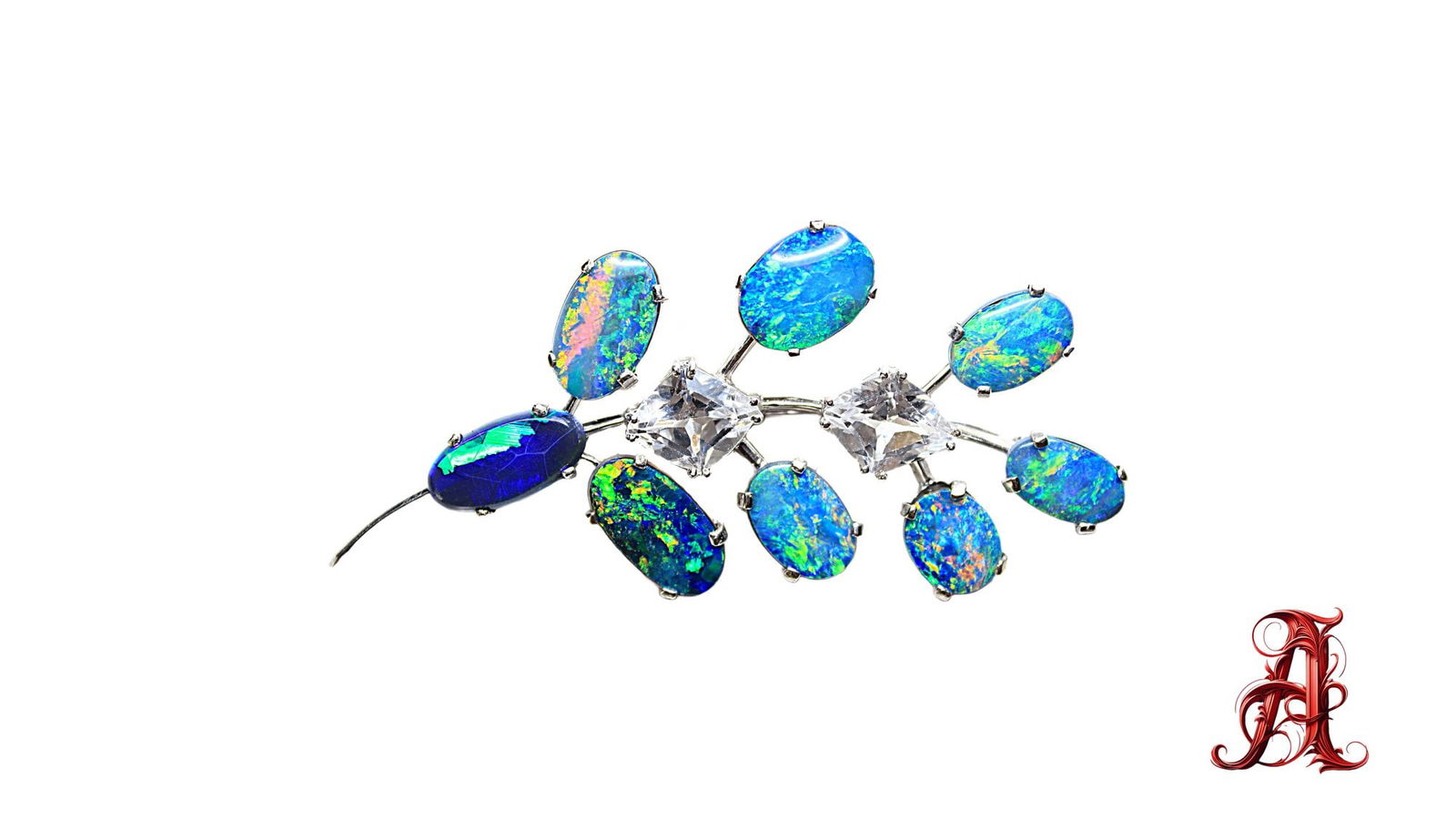 Opal Brooch White Sapphire 28.5CTW 18K White Gold Natural Black Opal Australian Pendant (1 of 2)