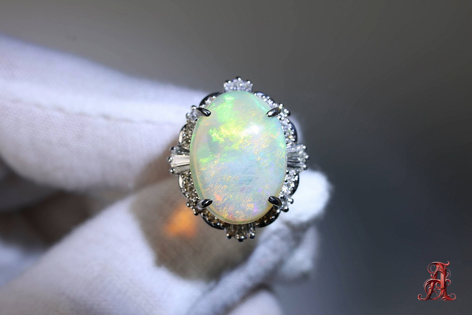 Platinum Australian Opal And Diamond Ring, 6.33ctw, 10.29 Grams Jewelry Diamonds Gemstone: size: 5.25, weight: 10.29 grams, material: platinum, gemstone: Australian opal, 5.91ctw, diamond: 0.42ctw SI-I clarity G-H color