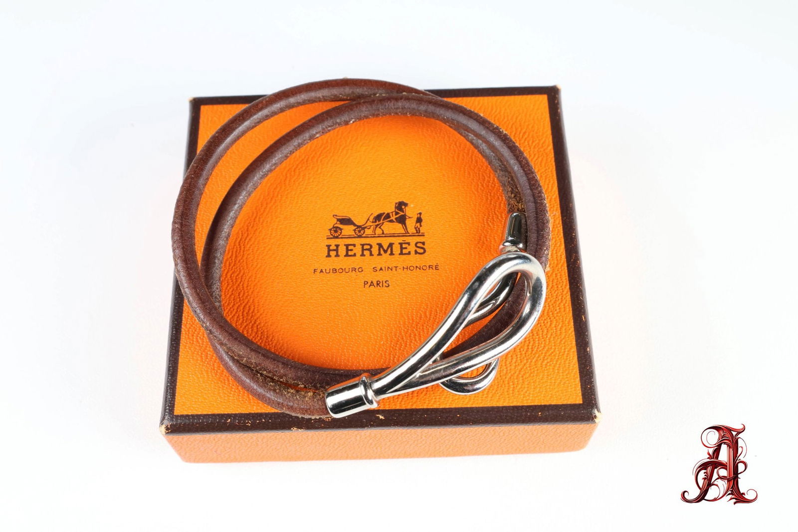 HERMES Jumbo Hook Double Tour Bracelet Palladium Hardware & Brown Leather With Box (1 of 4)