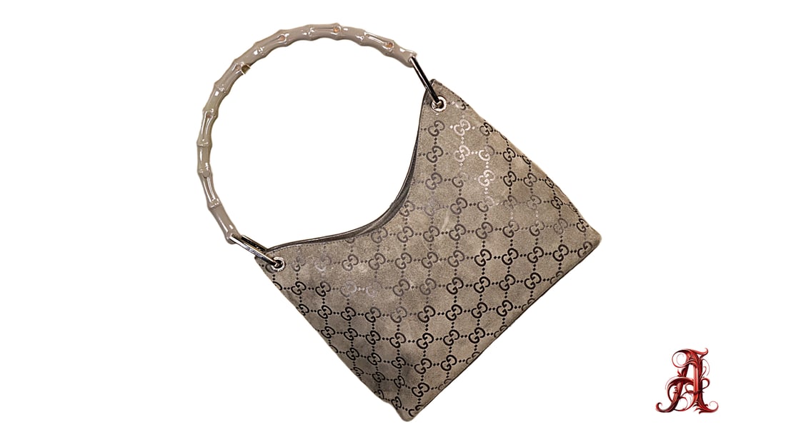 Gucci GG Monogram Canvas Bamboo Shoulder Bag Gray Women's Shoulder Bag Purse Fashion (1 of 8)