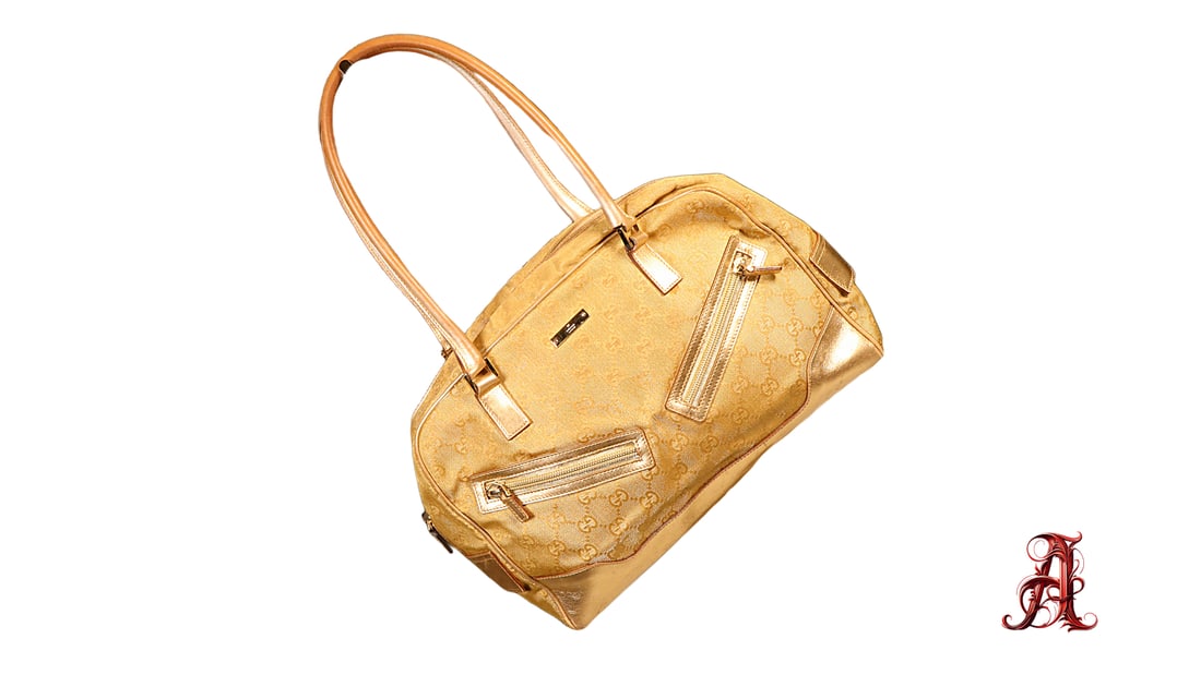 Gucci GG Glitter Canvas Satchel Purse Gold Tone Hardware Leather Trim Women's Shoulder Bag: Approx- 12in. x 7in. x 4in.