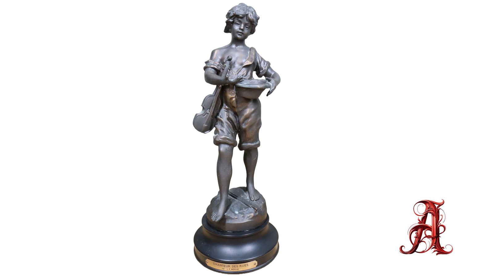 Chanteur Des Rues Antique Heavy Bronze Sculpture Figure Signed L & F Moreau (1 of 6)