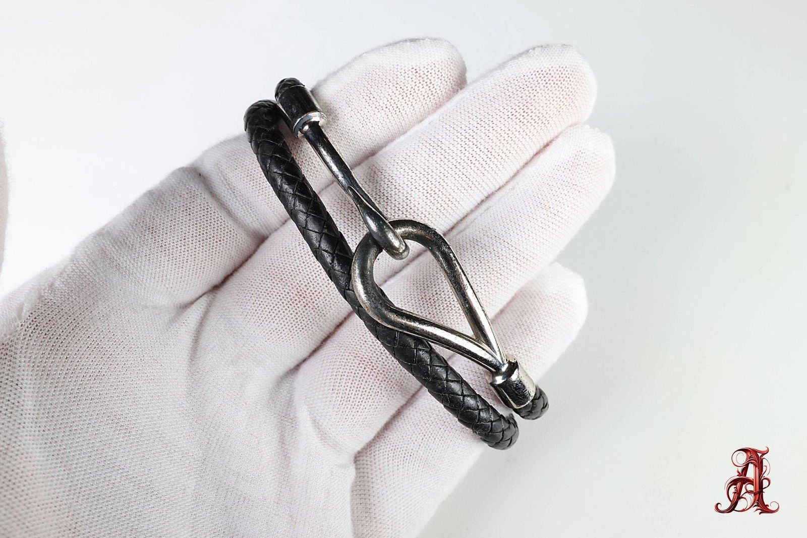 HERMES Jumbo Hook Double Tour Bracelet Braided Palladium Hardware & BlackLeather (1 of 4)