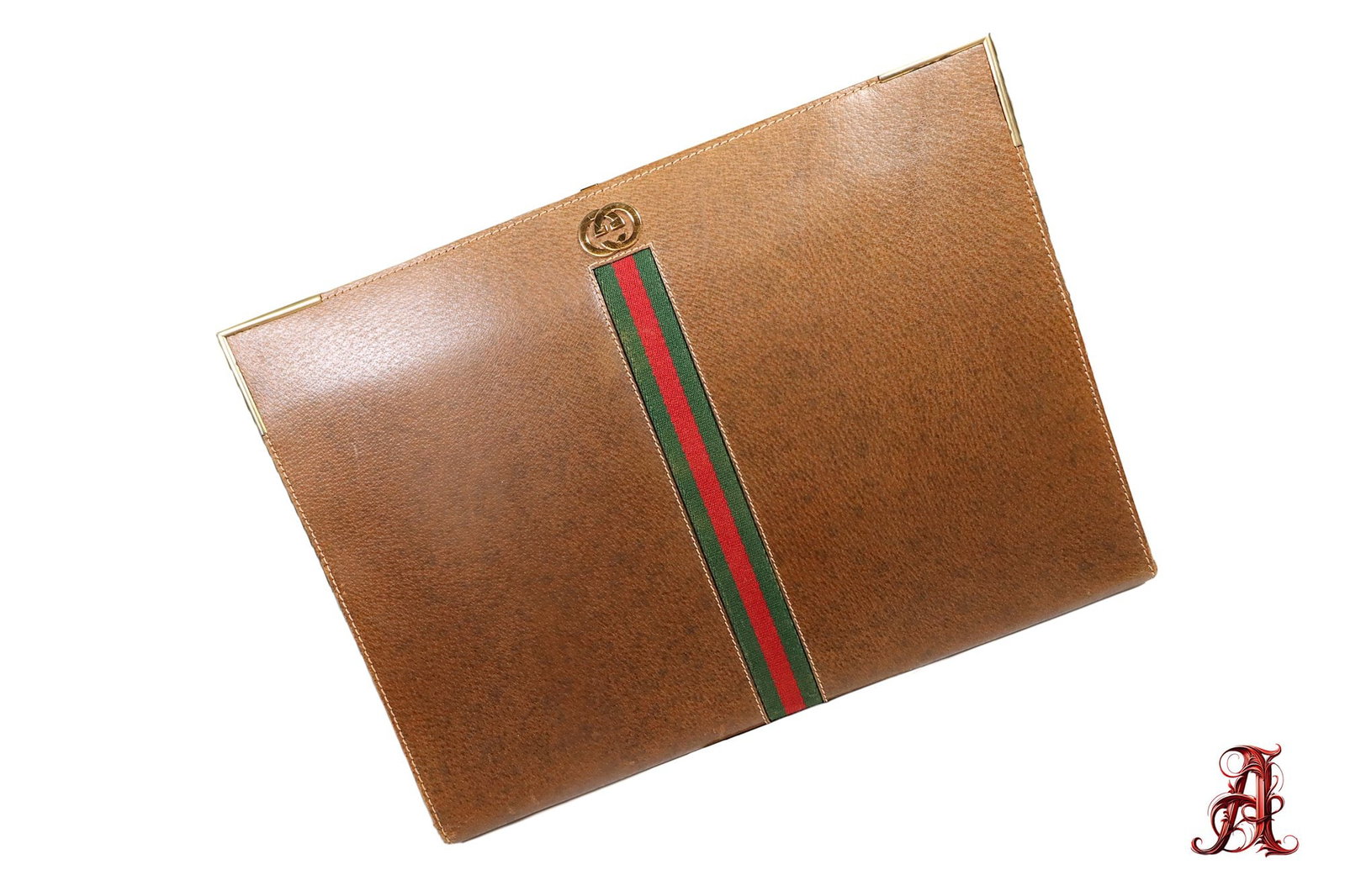 Gucci GG Leather Brown Sherry Line Portfolio Clutch Gold Tone Hardware Rare Fashion Bag Unisex: Approx- 17in. x 12in.