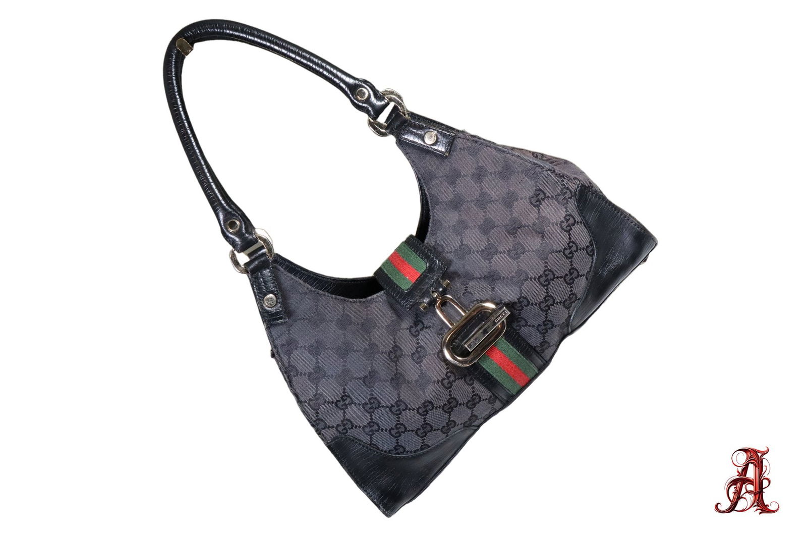 Gucci GG Monogram Black Canvas Junco Web Accent Women's Purse Shoulder Bag Leather Trim Gold Tone Ha (1 of 8)