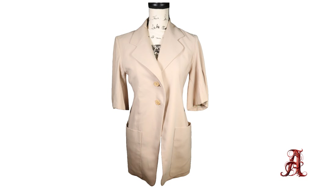 Hermes Paris Wool Women's Button Up Short Sleeve Blazer Beige Top Fashion Collar Coat Size 38 (1 of 7)