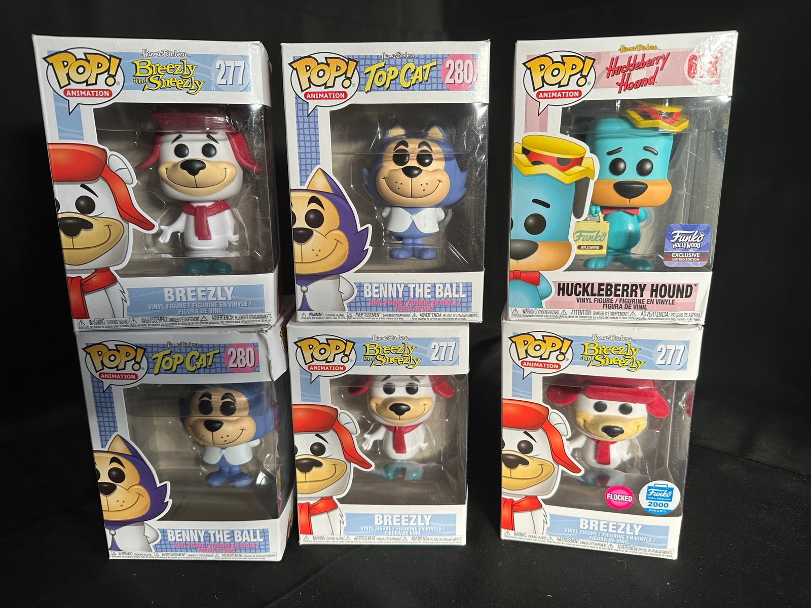 Funko Hanna-Barbera Top Cat, Huckleberry Hound, Breezley and Sneezly Exclusives (6 Figures): Funko Hanna-Barbera Top Cat, Huckleberry Hound, Breezley and Sneezly Exclusives (6 Figures) Brand: Hanna-Barbera Manufacturer: Funko Type: Action Figures Genre: TV Cartoon All items marked as SEALED, 