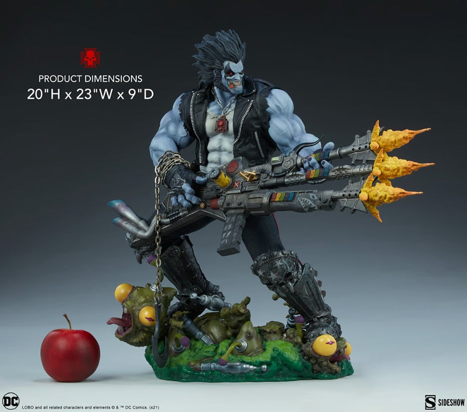 Lobo Maquette By Sideshow Collectibles: Sideshow presents the Main Man himself, the fraggin’ Lobo Maquette. The Lobo Maquette measures 20” tall and 23” wide as this intergalactic bounty hunter blows some minds and stomps s