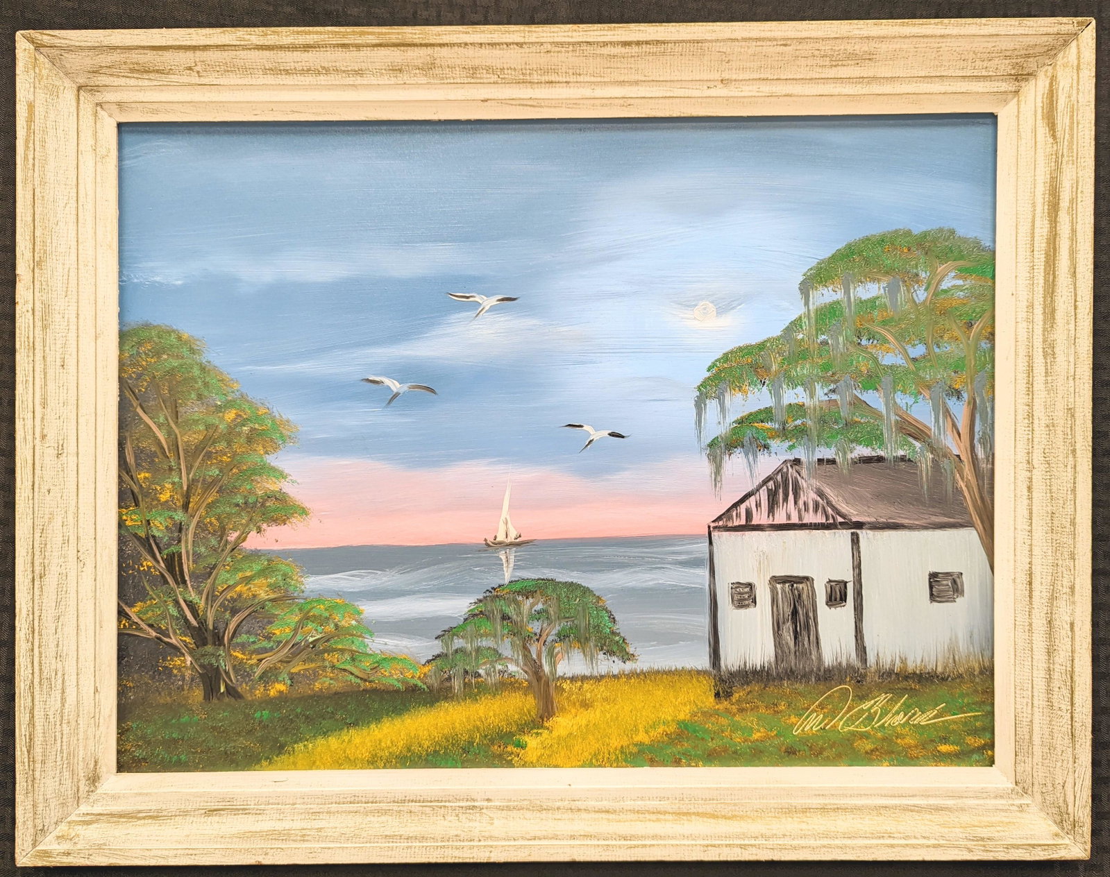 Al Black 18x24 'River House': Al Black (b. 1945) Florida Highwaymen, Florida Art Hall of Fame Artist. Oil painting 'River House' on masonite. A riverfront house, oak trees with spanish moss, birds, great coloring. Comes with crown