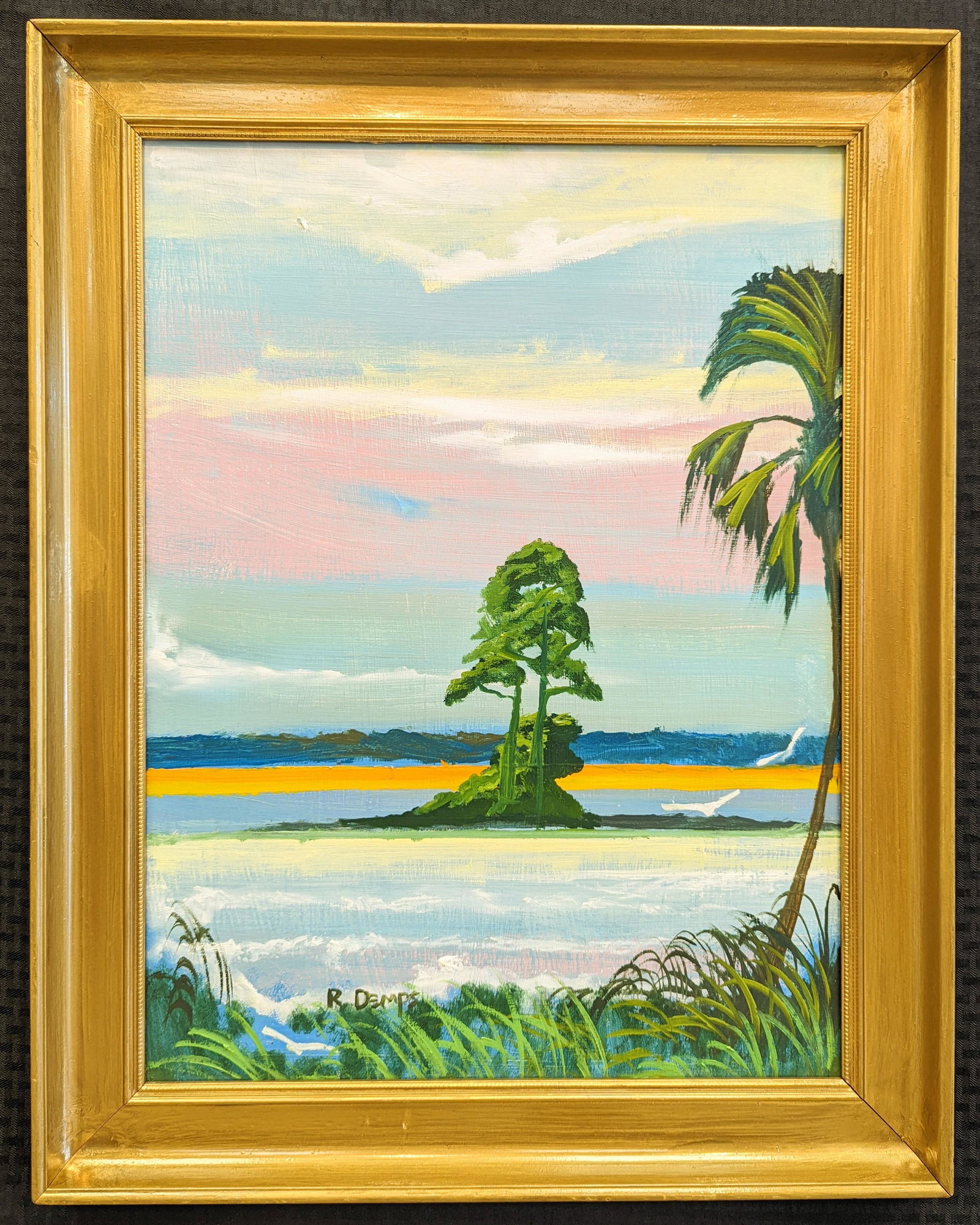 Rodney Demps 24x18 'Backwater Colors': Rodney Demps (1953-2020) Florida Highwaymen, Florida Art Hall of Fame Artist. Oil painting 'Backwater Colors' on masonite. A backwater scene with a pinestand, palm tree and colorful sky. Double signed