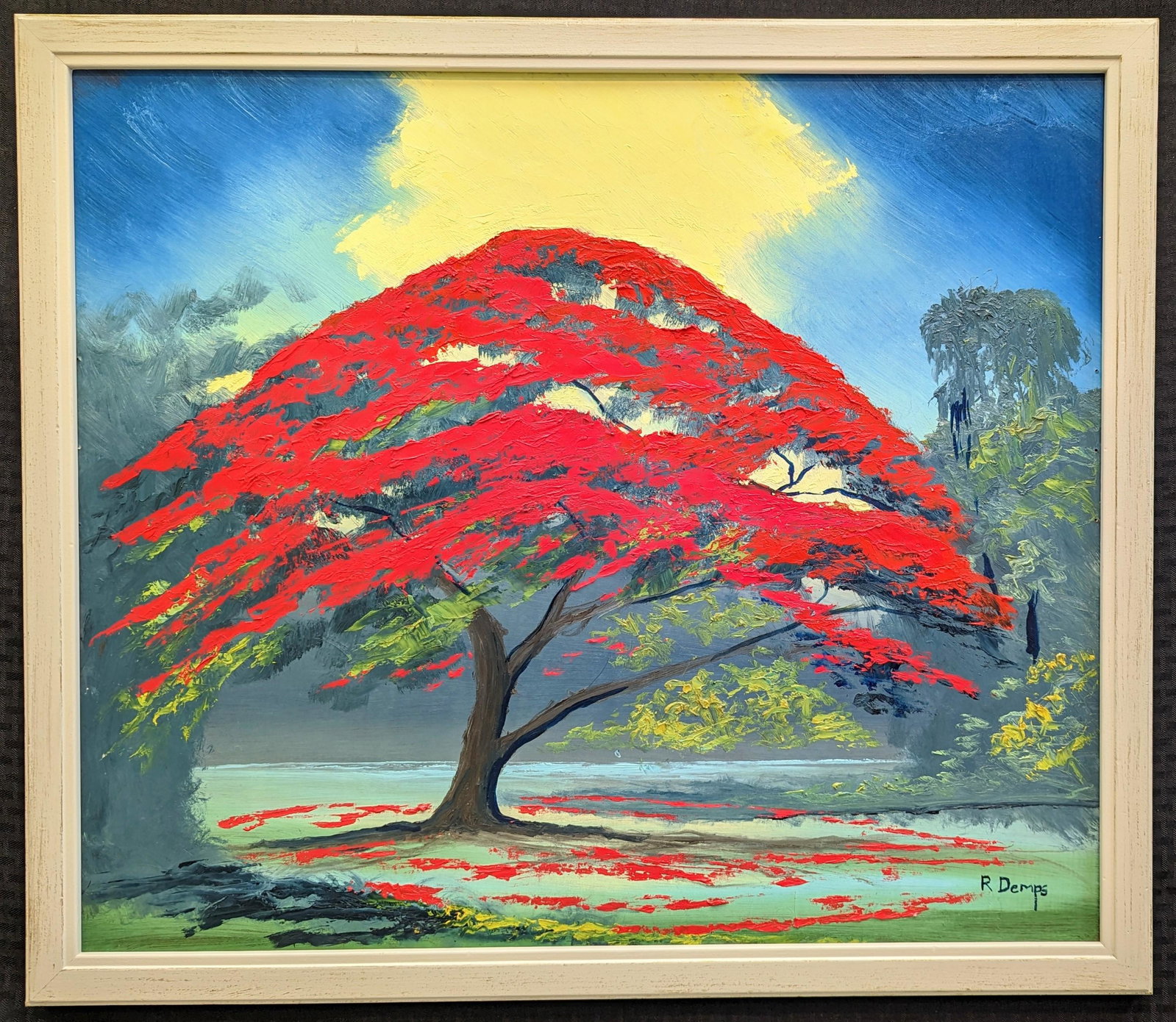 Rodney Demps 24x28 'Poinciana': Rodney Demps (1953-2020) Florida Highwaymen, Florida Art Hall of Fame Artist. Oil painting 'Poinciana Bloom' on masonite. Excellent poinciana tree, with palms on the right, bright coloring and palette