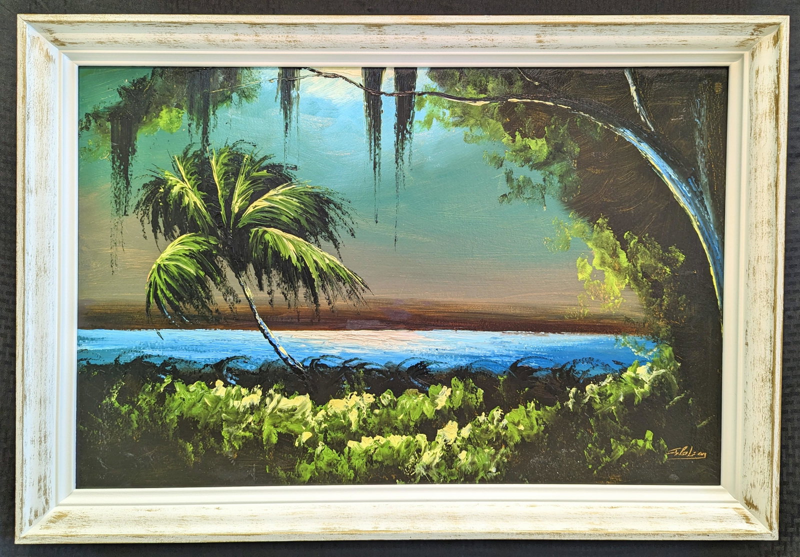 James Gibson 23 1/2 x 36 'River Palm': James Gibson (1938-2017) Florida Highwaymen, Florida Art Hall of Fame Artist. Oil painting 'River Palm' on Upson board. Riverfront scene with oak tree, spanish moss, electric coloring on the palm tree