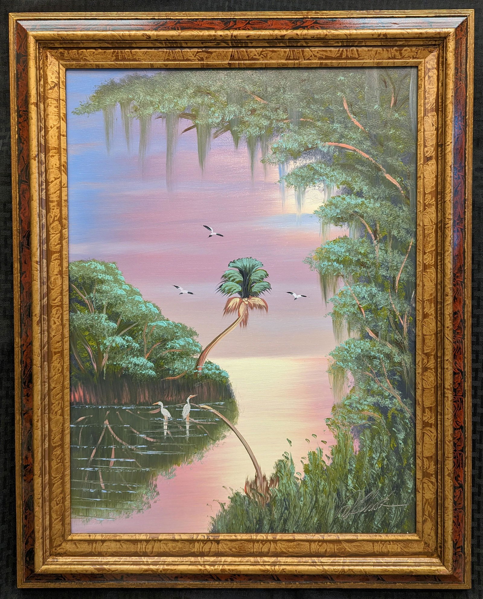 Al Black 24x18 'Sunset Backwater': Al Black (b. 1945) Florida Highwaymen, Florida Art Hall of Fame Artist. Oil painting 'Sunset Backwater' on masonite. Backwater scene with great sunset colors, multiple birds, palm tree and spanish mos