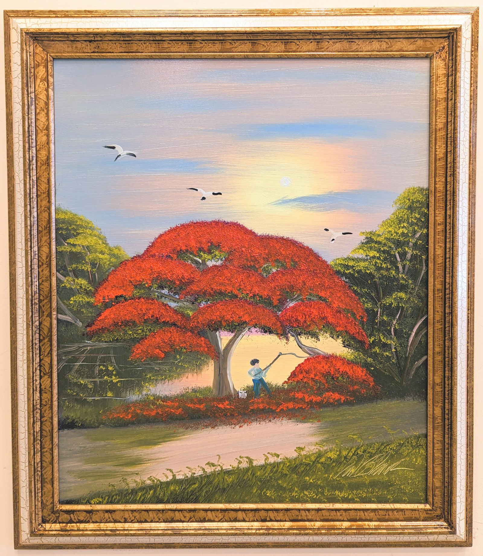 Al Black 24x20 'Poinciana Fisherman': Al Black (b. 1945) Florida Highwaymen, Florida Art Hall of Fame Artist. Oil painting 'Poinciana Fisherman' on masonite. Waterfront scene with sunset colors, a poinciana tree and fisherman by the road.