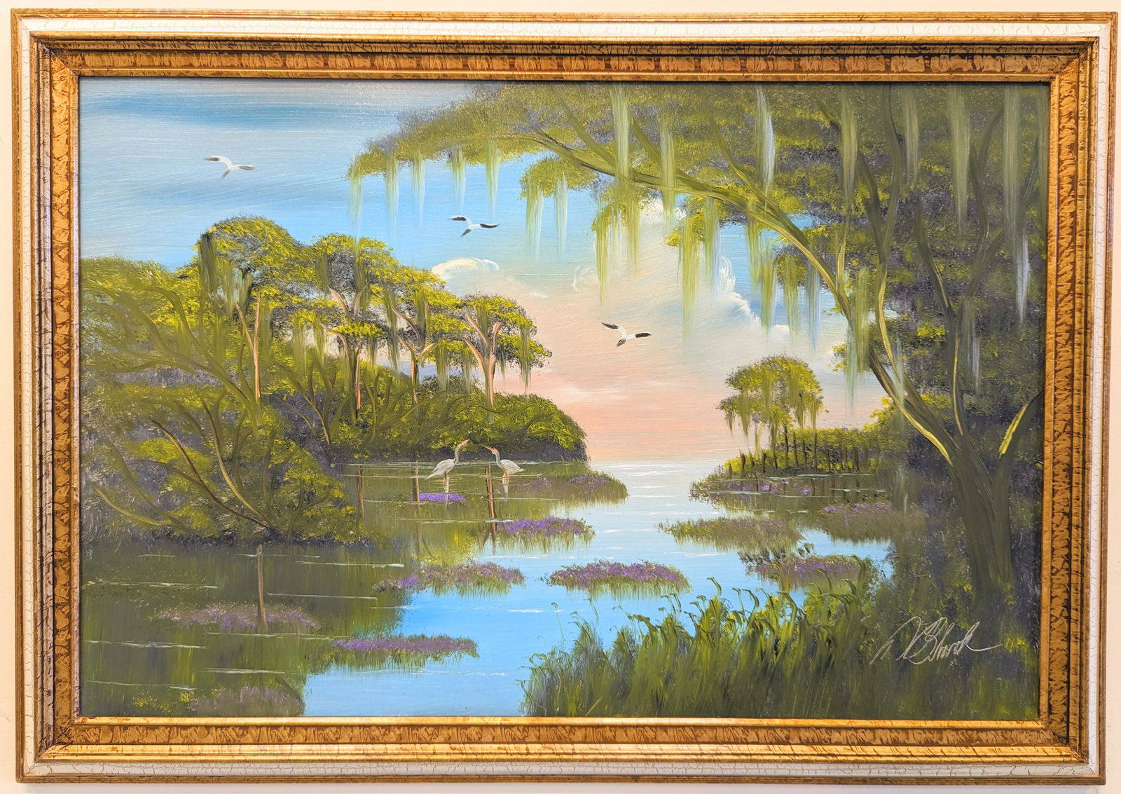 Al Black 24x36 'River Hyacinths': Al Black (b. 1945) Florida Highwaymen, Florida Art Hall of Fame Artist. Oil painting 'River Hyacinths' on masonite. Backwater scene with purple hyacinths, wading birds, backwater pines and peach cloud