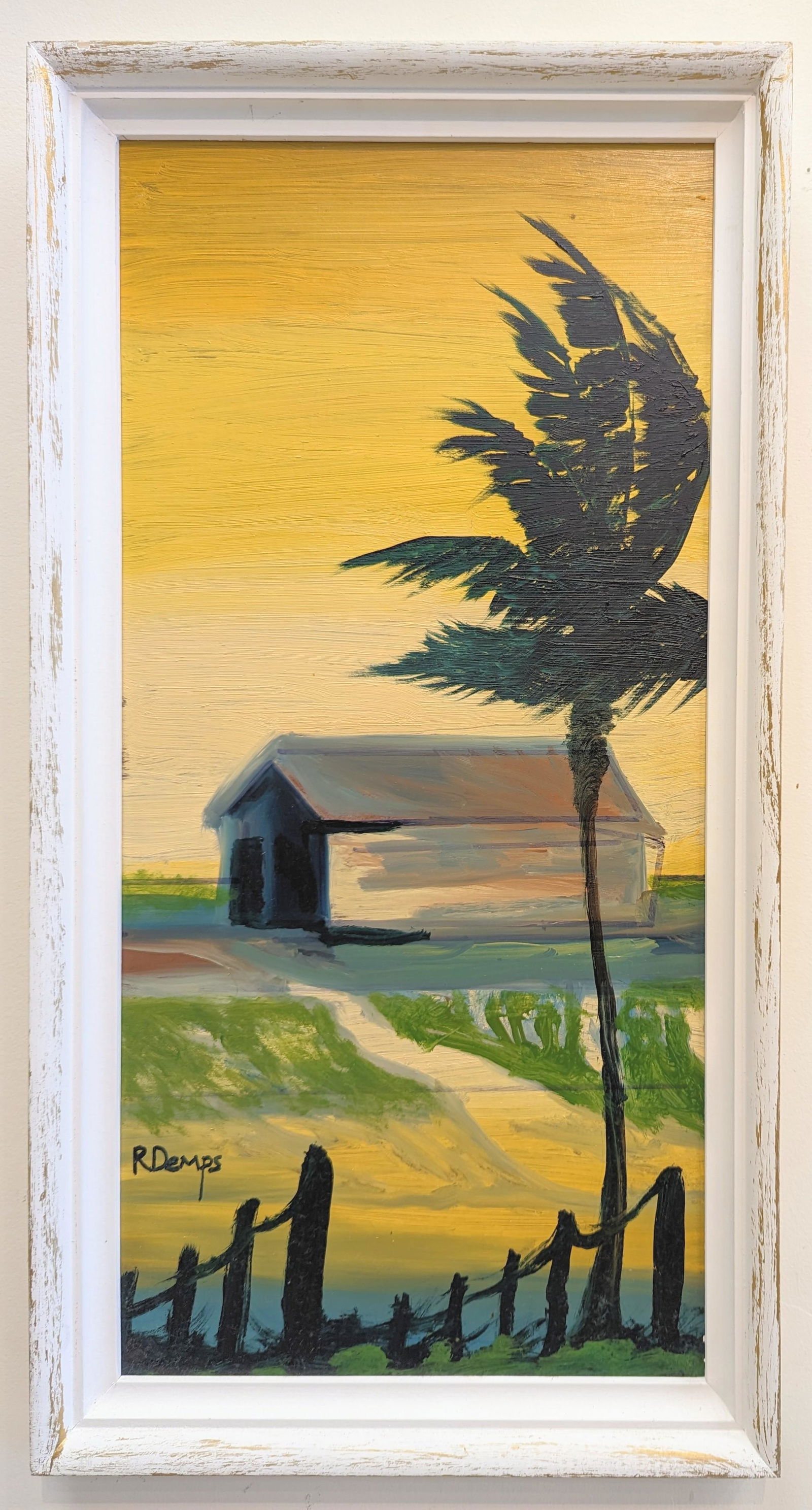 Rodney Demps 24x12 'Boathouse Palm': Rodney Demps (1953-2020) Florida Highwaymen, Florida Art Hall of Fame Artist. Oil painting 'Boathouse Palm' on masonite. A waterfront scene with a boathouse, palm tree and colorful sunset sky. Signed