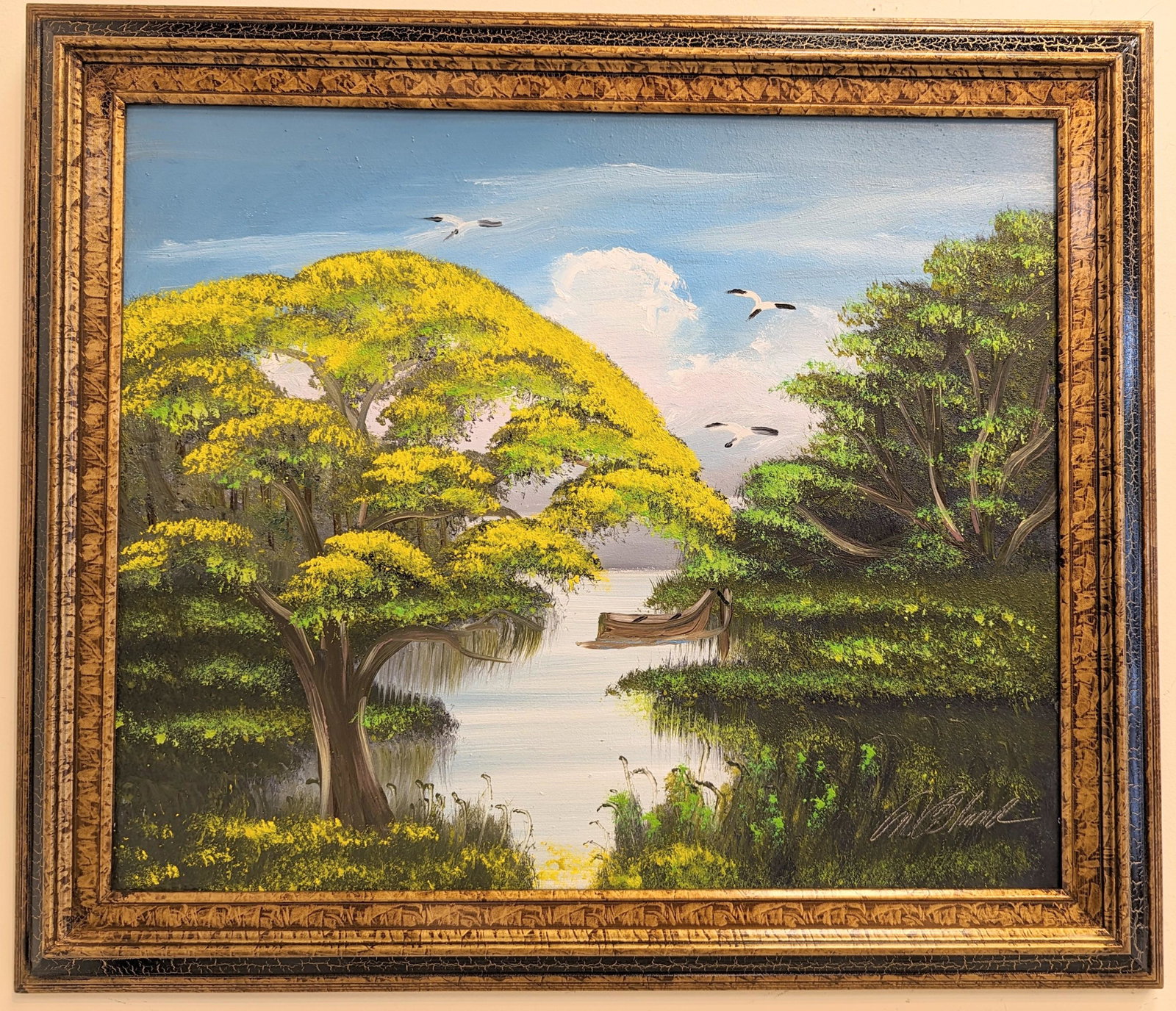 Al Black 20x24 'Backwater Tabebuia Tree': Al Black (b. 1945) Florida Highwaymen, Florida Art Hall of Fame Artist. Oil painting 'Backwater Tabebuia Tree' on masonite. Backwater scene with a full Tabebuia tree, canoe, birds and oak trees. Signe