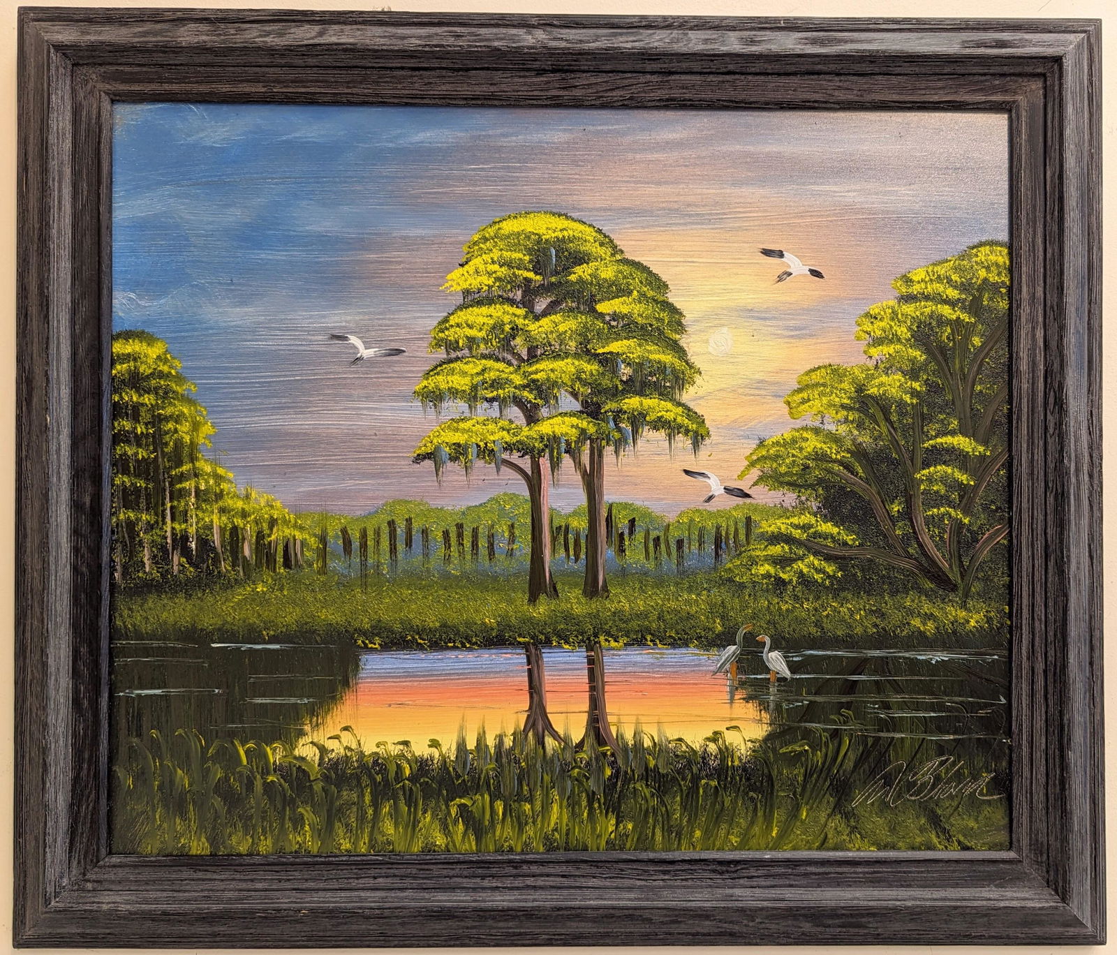 Al Black 20x24 'Sunset Pines': Al Black (b. 1945) Florida Highwaymen, Florida Art Hall of Fame Artist. Oil painting 'Sunset Pines' on masonite. Backcountry scene with tall pines, relection, birds and beautiful sunset colors. Signed