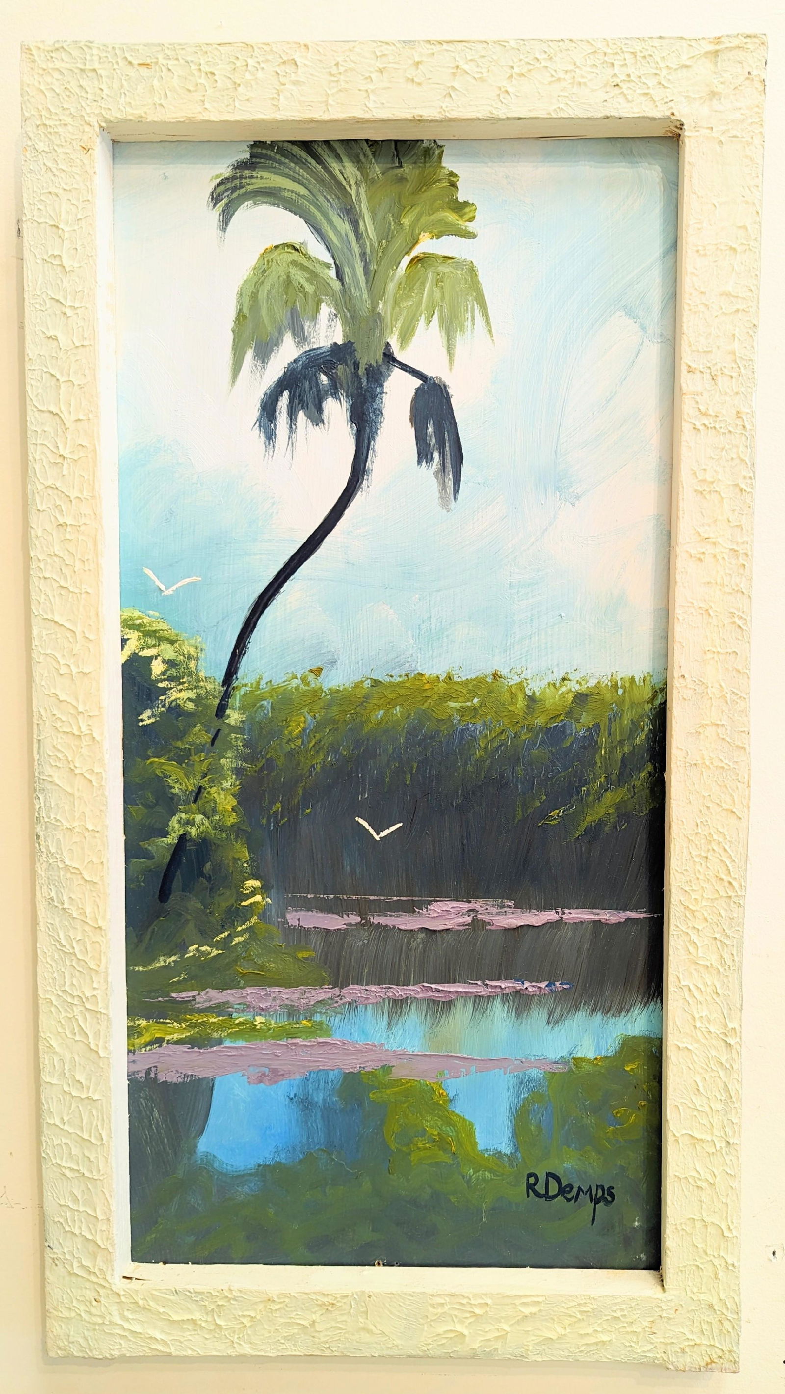 Rodney Demps 24x12 'Backwater Hyacinths 1': Rodney Demps (1953-2020) Florida Highwaymen, Florida Art Hall of Fame Artist. Oil painting 'Backwater Hyacinths 1' on masonite. A river scene with purple hyacinths, palm tree and birds in-flight. A gr