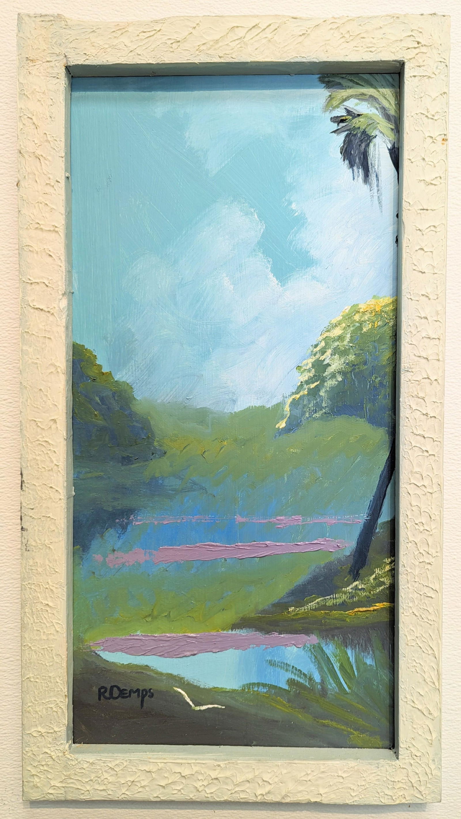 Rodney Demps 24x12 'Backwater Hyacinths 2': Rodney Demps (1953-2020) Florida Highwaymen, Florida Art Hall of Fame Artist. Oil painting 'Backwater Hyacinths 2' on masonite. A river scene with purple hyacinths, palm tree and bird in-flight. A gre