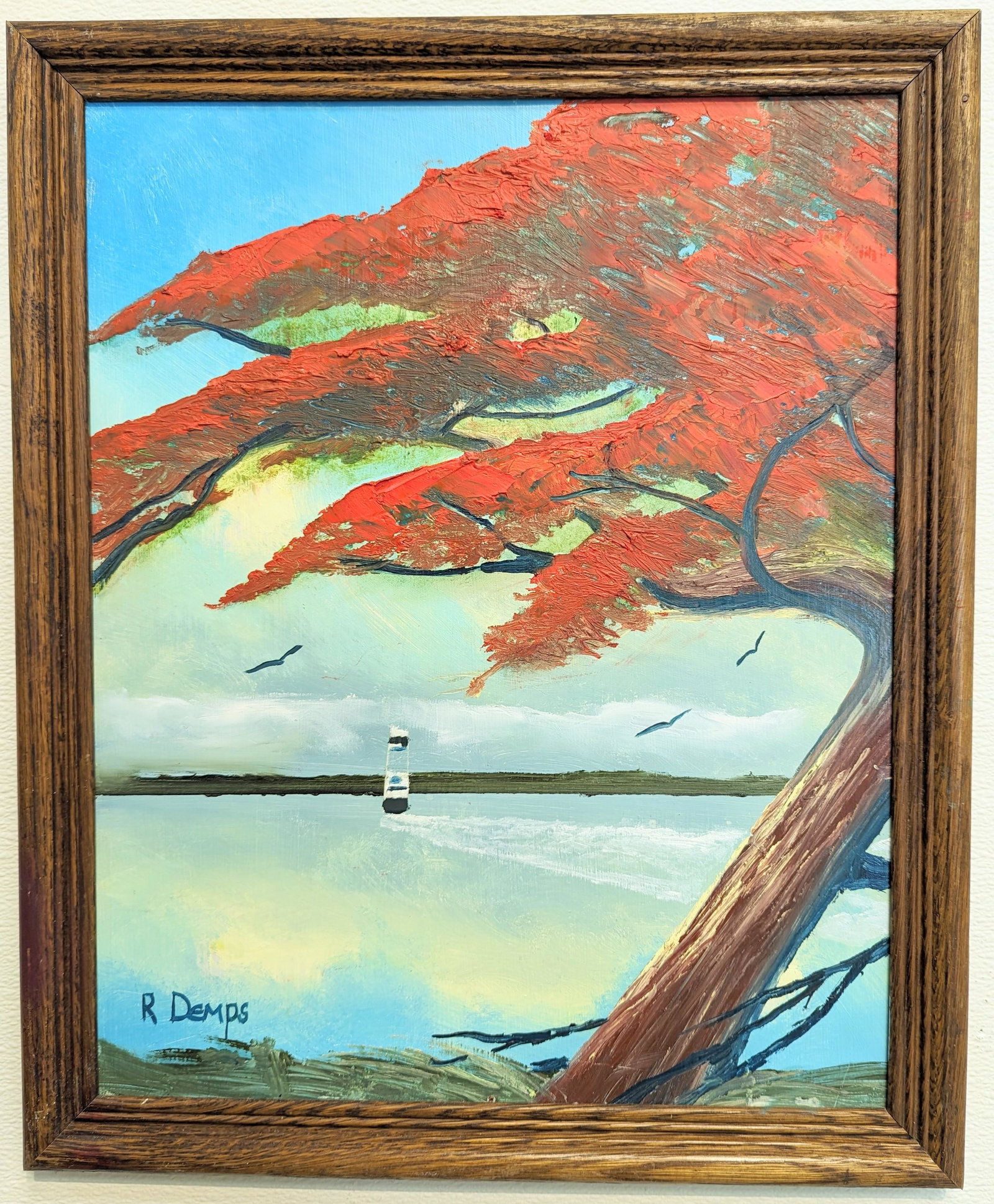 Rodney Demps 20x16 'Riverfront Poinciana': Rodney Demps (1953-2020) Florida Highwaymen, Florida Art Hall of Fame Artist. Oil painting 'Riverfront Poinciana' on masonite. A riverfront scene with a poinciana tree, birds and distant boat leaving 