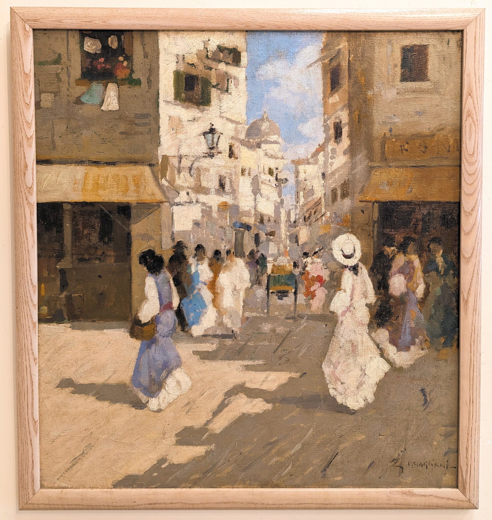 Luigi Cagliani 30 x 27.5 'Italian Street Scene': Luigi Cagliani (1910-1987) Italian Impressionist, he was active in Lombardy, and painted scenes set in Venice. Large oil on canvas mounted on masonite, possibly circa 1940's. A beautifully painted Ita