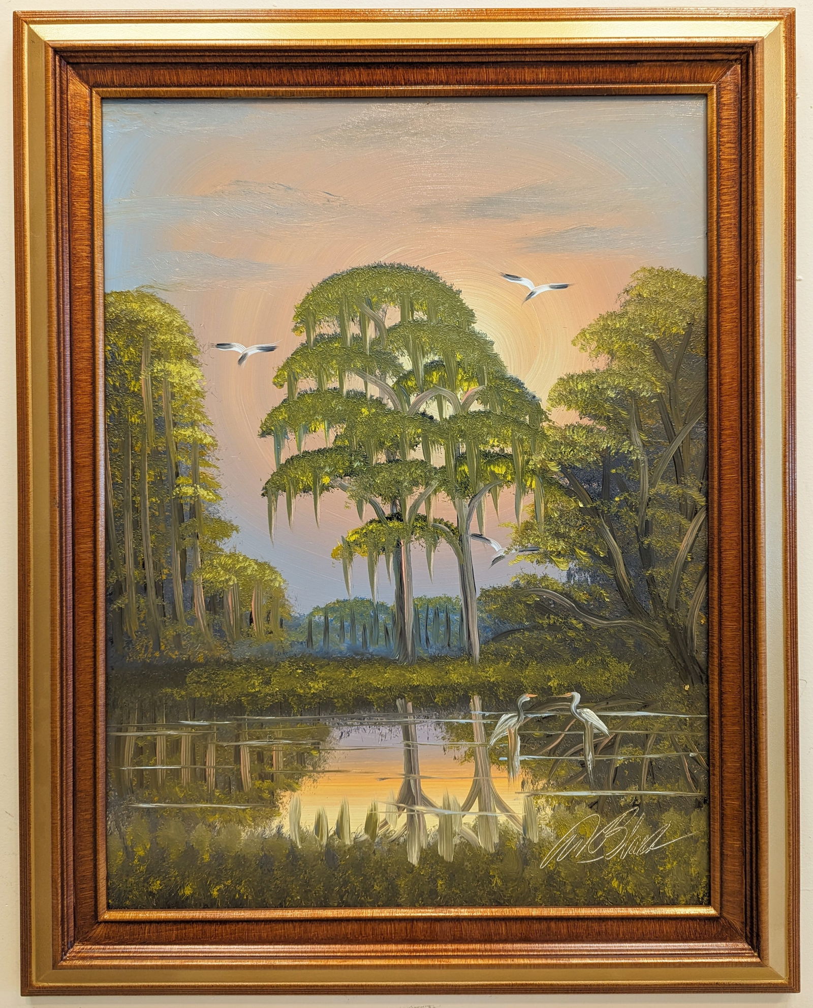 Al Black 24x18 'Backwater Pines': Al Black (b. 1945) Florida Highwaymen, Florida Art Hall of Fame Artist. Oil painting 'Backwater Pines' on masonite. Backwater scene with a tall pines, birds in flight and in the water and warm colorin