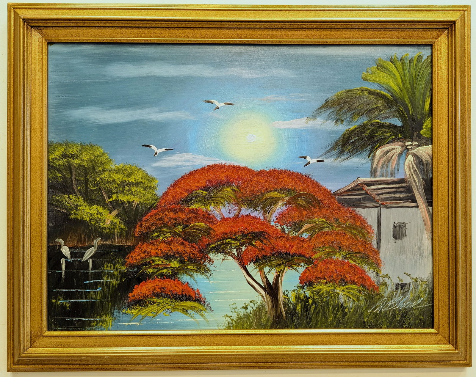 Al Black 18x24 'Poinciana Shack': Al Black (b. 1945) Florida Highwaymen, Florida Art Hall of Fame Artist. Oil painting 'Poinciana Shack' on masonite. Waterfront scene with a shack, full bloom Poinciana tree, birds in flight and in the