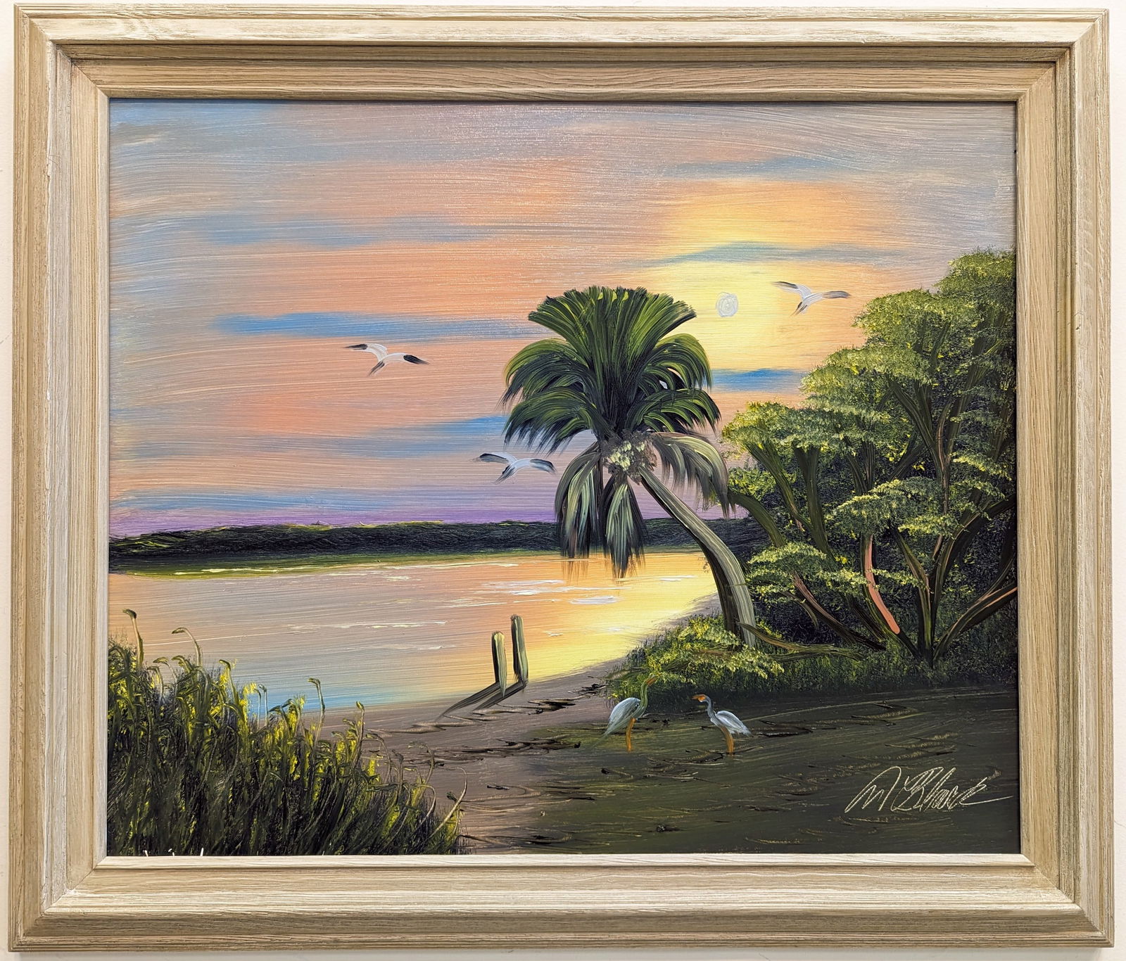Al Black 20x24 'River Palm Colors': Al Black (b. 1945) Florida Highwaymen, Florida Art Hall of Fame Artist. Oil painting 'River Palm Colors' on masonite. Waterfront scene with palm, dockposts, birds in flight and in the grass and beauti