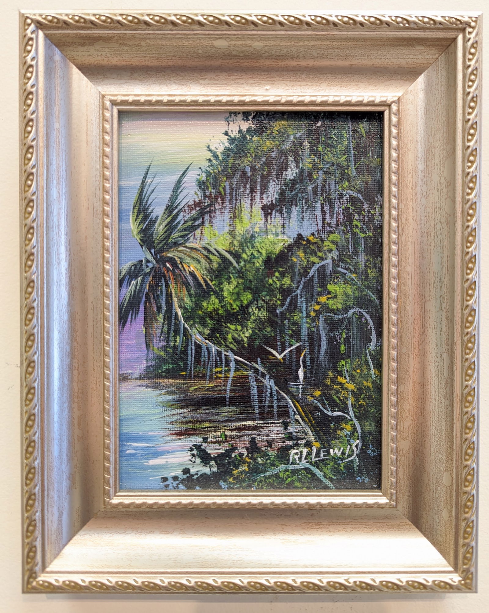 R. L. Lewis 5x7 'Backwater Palm': Robert "RL" Lewis (b. 1941) Florida Highwaymen, Florida Art Hall of Fame Artist. Oil painting 'Backwater Palm' on canvas board. A backriver scene with palm tree, spanish moss and water birds and nice
