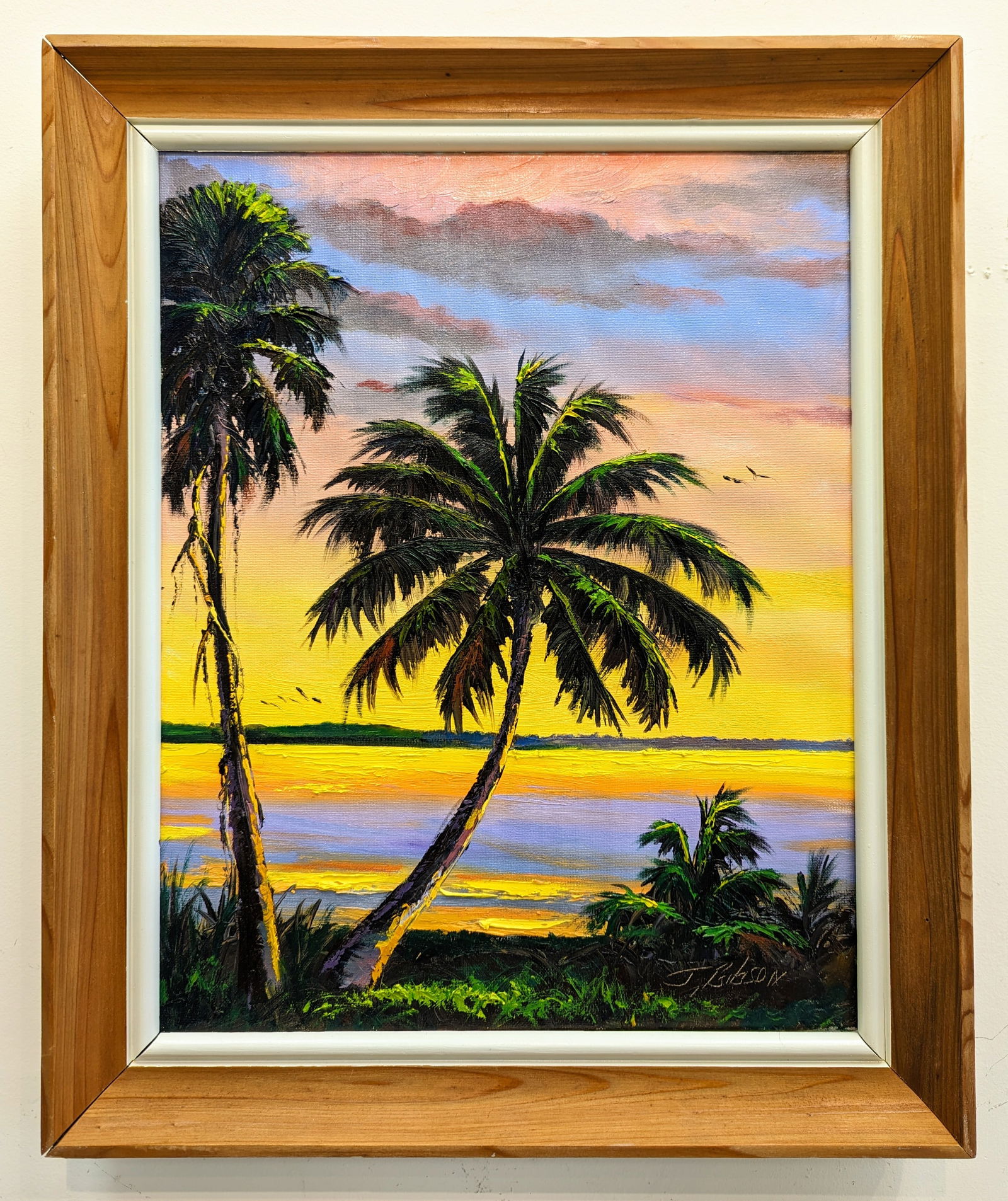 James Gibson 20x16 'River Palm Colors': James Gibson (1938-2017) Florida Highwaymen, Florida Art Hall of Fame Artist. Oil painting 'River Palm Colors' on canvas. Vivid river scene with palm trees and heavy palette knife work. Signed lower r