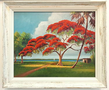 George Buckner 24x30 'Poinciana Sail': George Buckner (1942-2002) Florida Highwaymen, Florida Art Hall of Fame Artist. Oil painting 'Poinciana Sail' on Upson board. Rare early fine art George Buckner on orange peel Upson with a beautiful