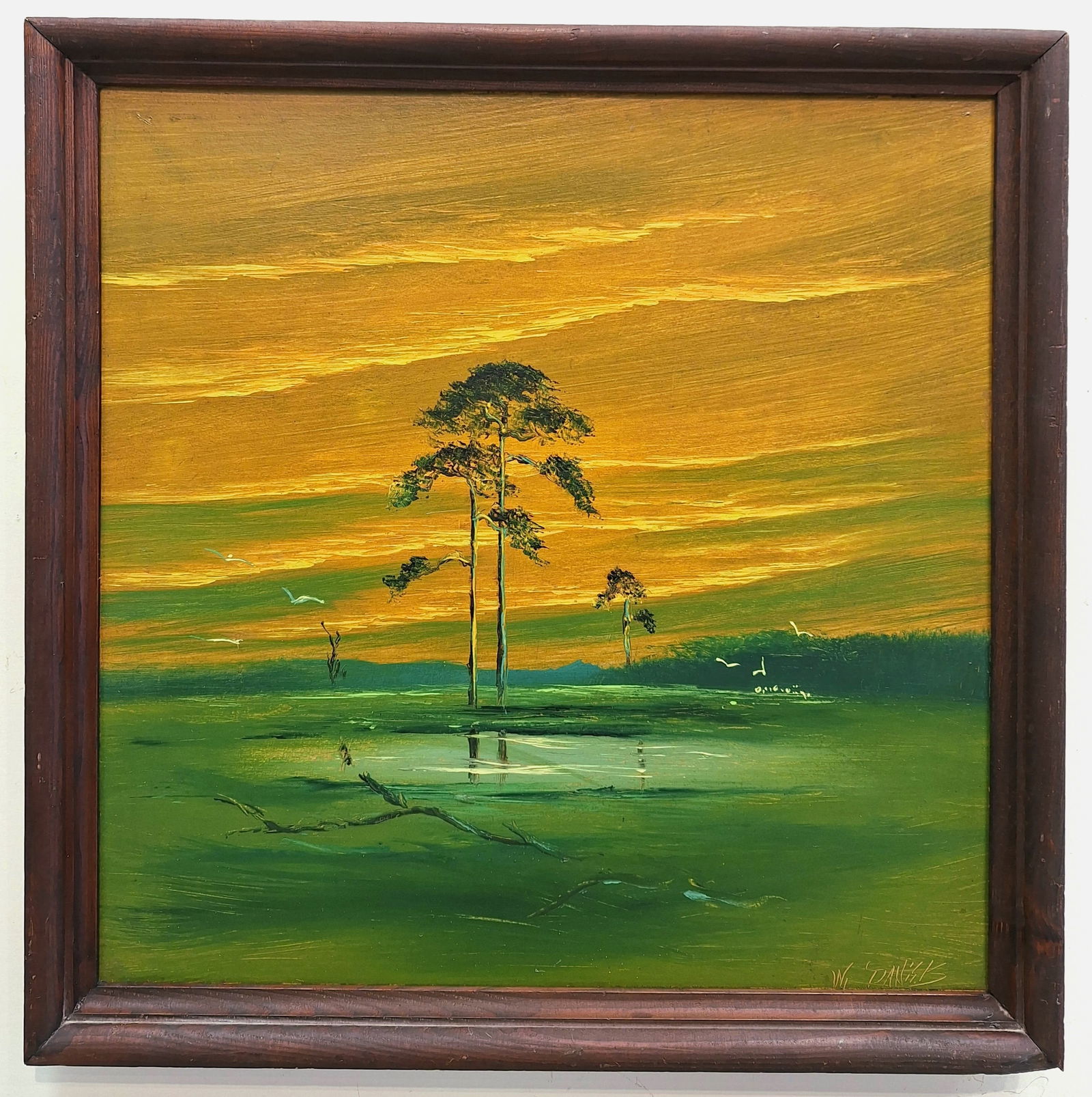 Willie Daniels 24x24 'Backcountry Firesky': Willie Daniels (1950-2021) Florida Highwaymen, Florida Art Hall of Fame Artist. Early painting 'Backcountry Firesky' on Upson board. Rare size Highwaymen painting, backcountry Florida scene with tall