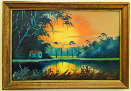 Mary Ann Carroll 24x36 'Backcountry Cabin': Mary Ann Carroll (1940-2019) Florida Highwaymen, Florida Art Hall of Fame Artist. Early oil painting 'Backcountry Cabin' on Upson board. Beautiful backwater scene with a shack on the shore, tall pines