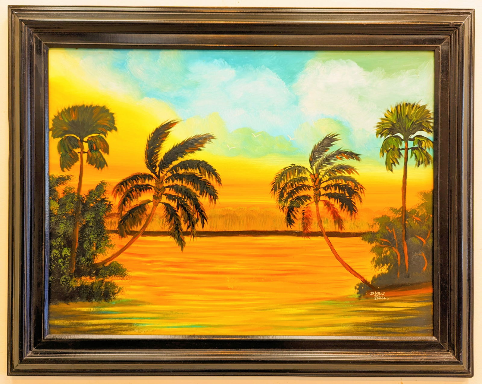 Doretha Hair 18x24 'Sunset Palms': Doretha Hair Truesdell ( B. 1943) American - Widow of Hall of Fame Highwaymen artist Alfred Hair. Oil on masonite 'Sunset Palms', beautiful bold colors backdropping palms on the water. Signed lower ri