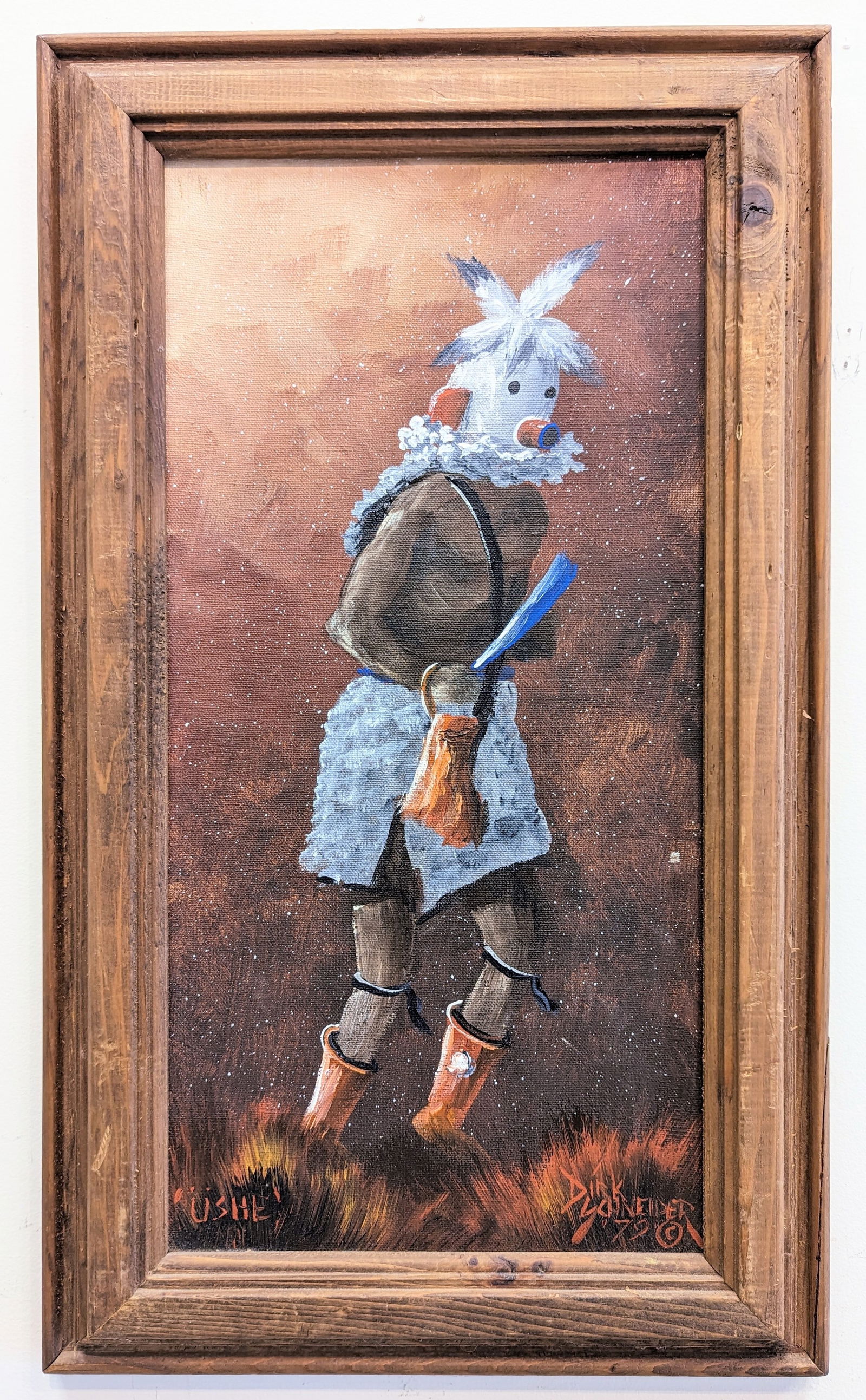 Dirk Schneider 20x10 'Ushe: Dirk Schneider (American b.1935) Original oil painting on masonite 'Ushe - Hano Kachina', dated '79. Native American painiting of a tribal clown with demonstration stick. Signed and dated lower right,