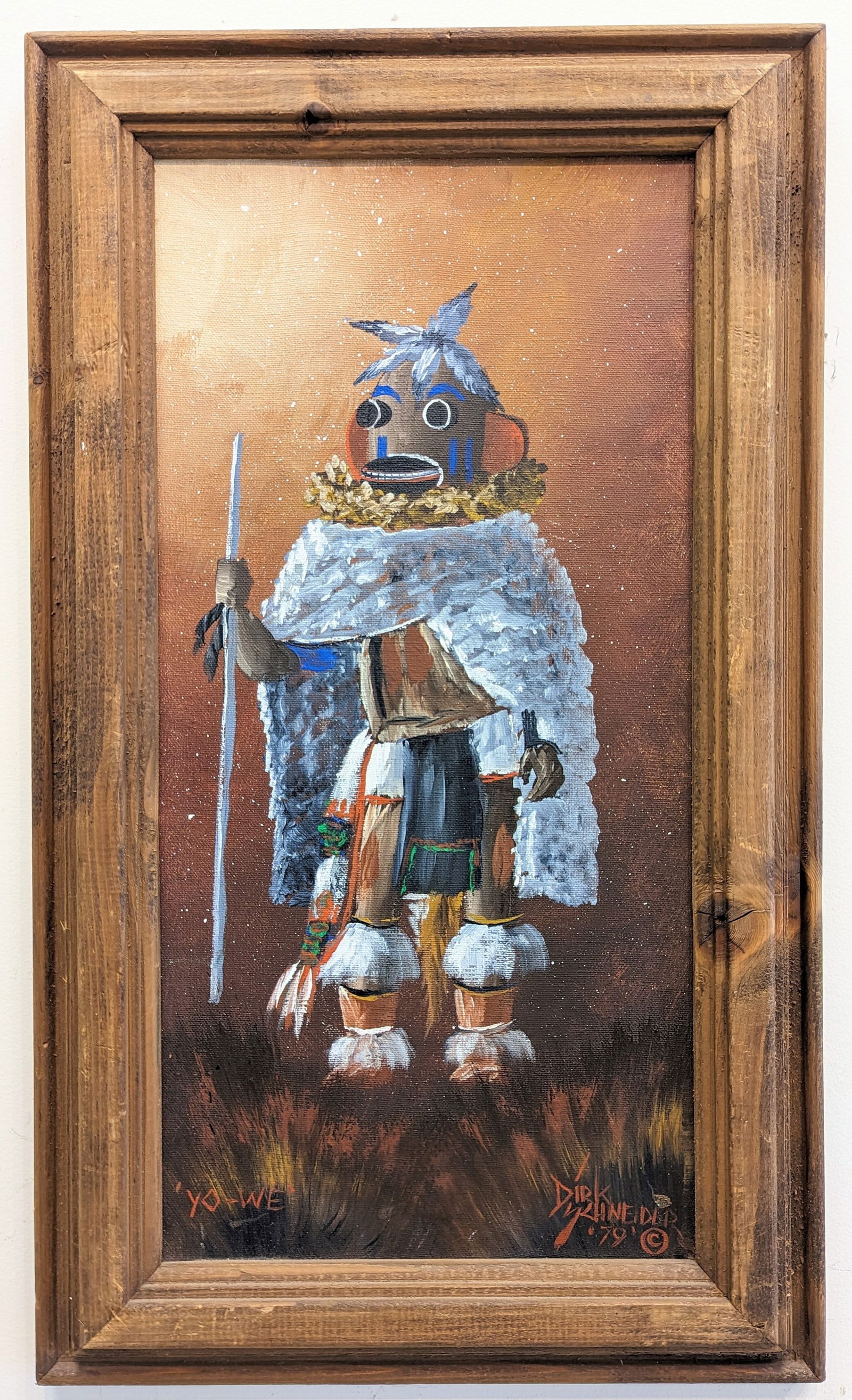 Dirk Schneider 20x10 'Yo: Dirk Schneider (American b.1935) Original oil painting on masonite 'Yo-We - Kachina', dated '79. Native American painiting of a rebellion leader against the Spanish priests. Signed and dated lower rig